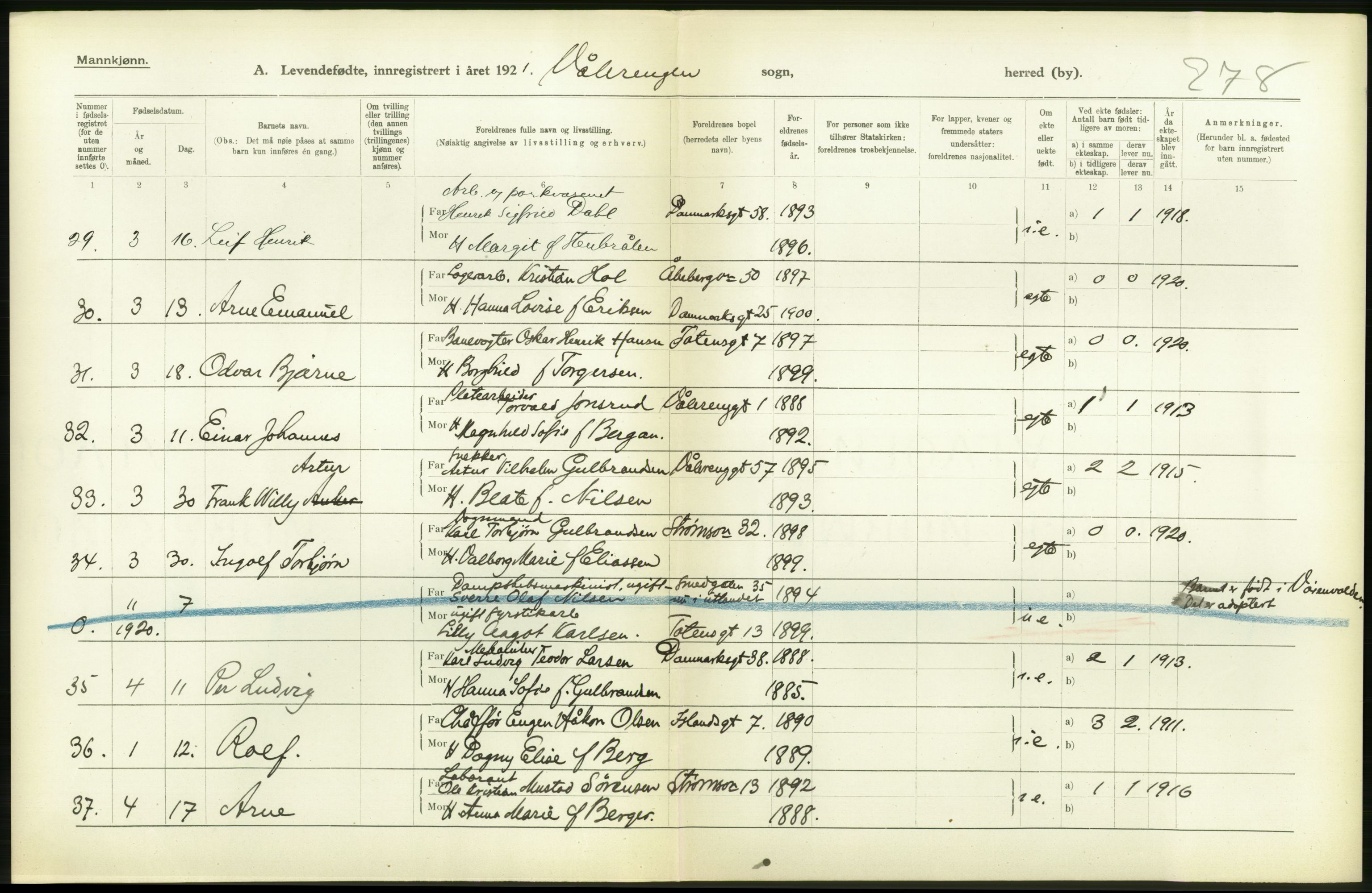 Statistisk sentralbyrå, Sosiodemografiske emner, Befolkning, AV/RA-S-2228/D/Df/Dfc/Dfca/L0009: Kristiania: Levendefødte menn og kvinner., 1921, p. 168