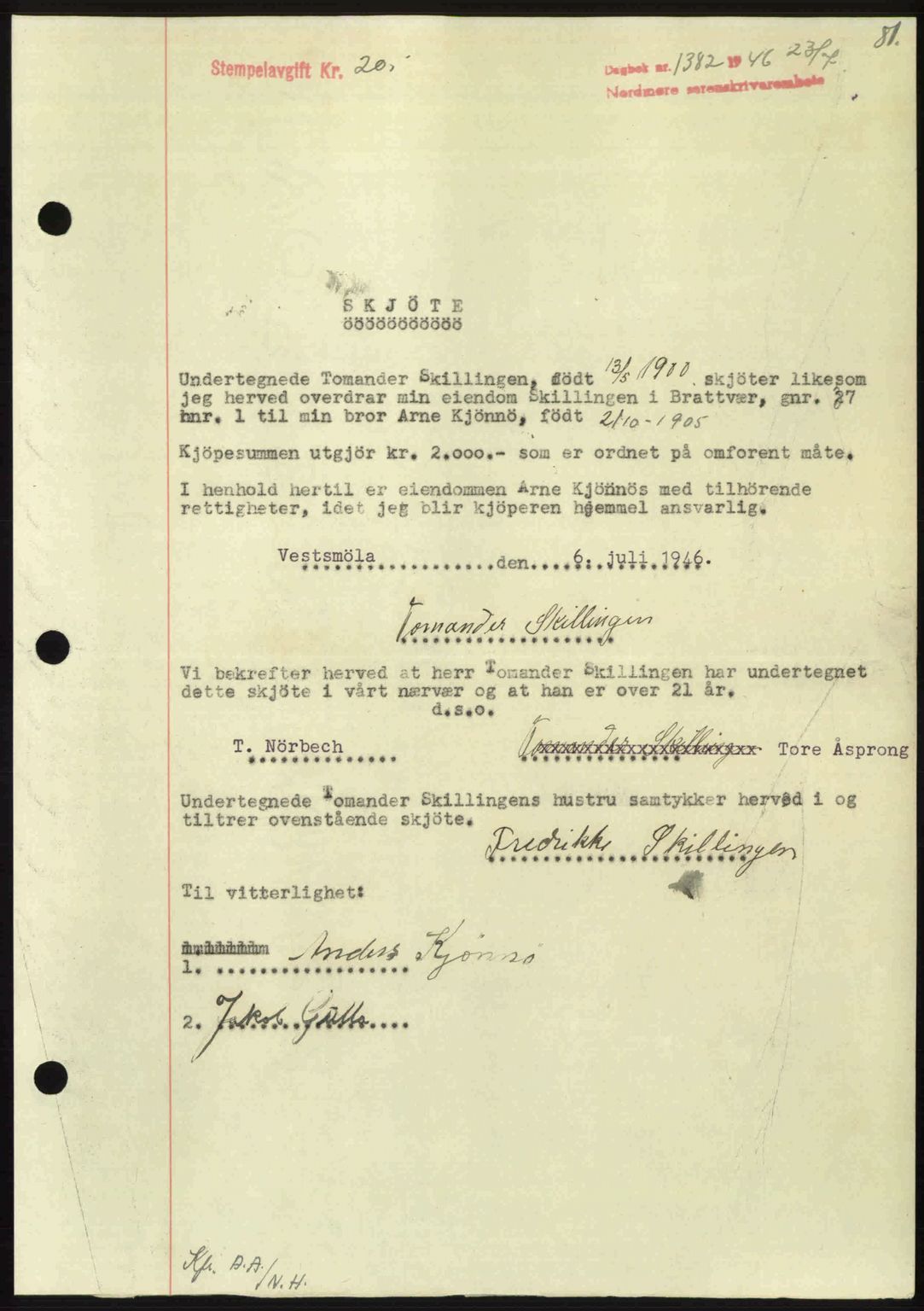 Nordmøre sorenskriveri, AV/SAT-A-4132/1/2/2Ca: Mortgage book no. A102, 1946-1946, Diary no: : 1382/1946