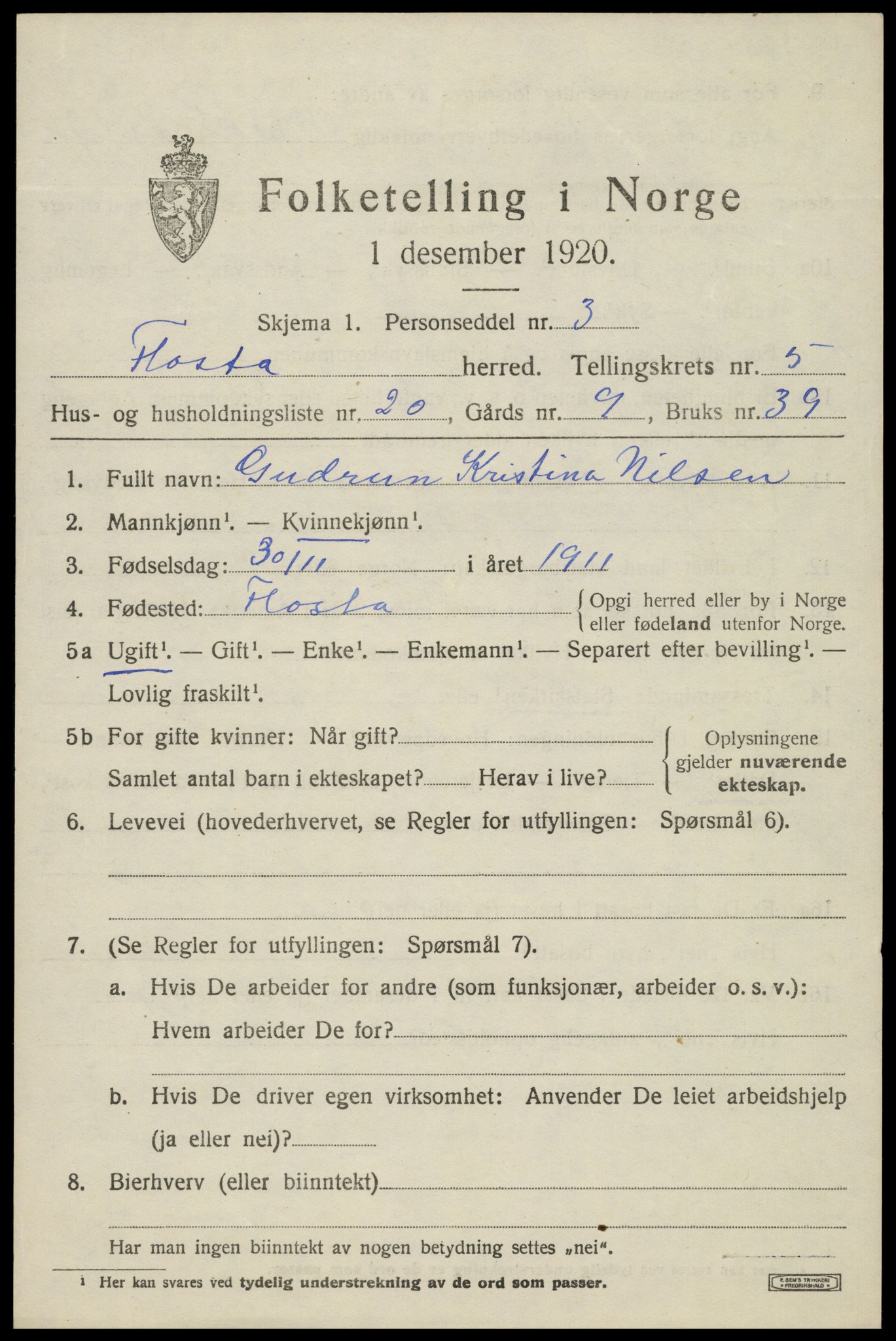 SAK, 1920 census for Flosta, 1920, p. 2976