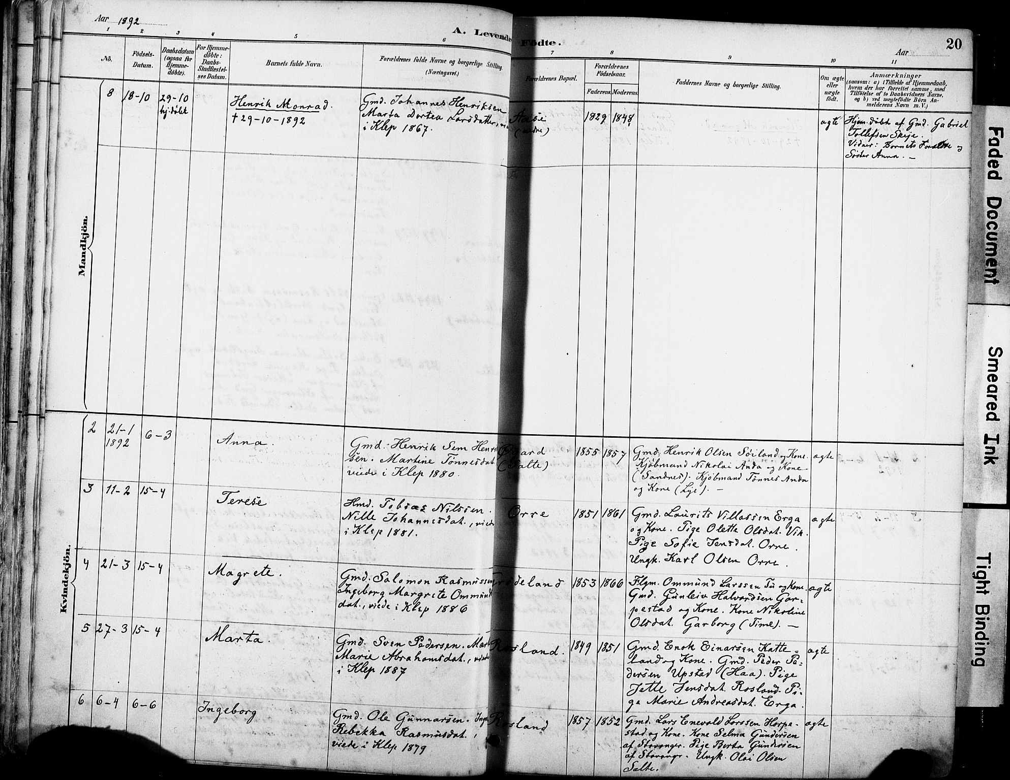 Klepp sokneprestkontor, AV/SAST-A-101803/001/3/30BA/L0007: Parish register (official) no. A 8, 1886-1912, p. 20