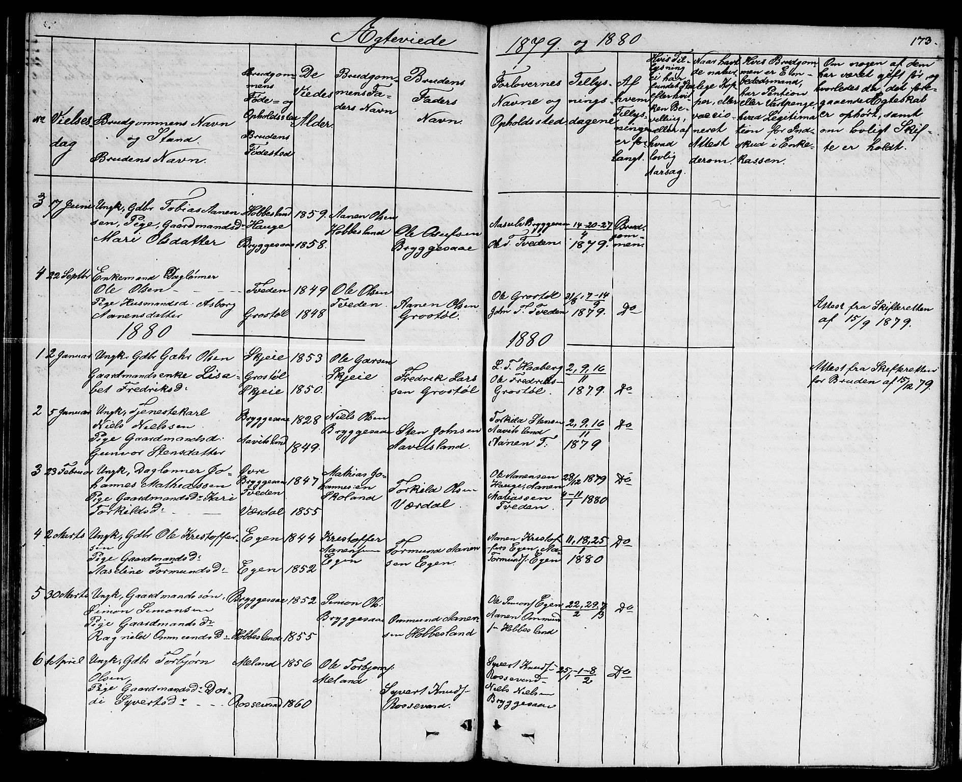 Hægebostad sokneprestkontor, AV/SAK-1111-0024/F/Fb/Fbb/L0002: Parish register (copy) no. B 2, 1851-1886, p. 173