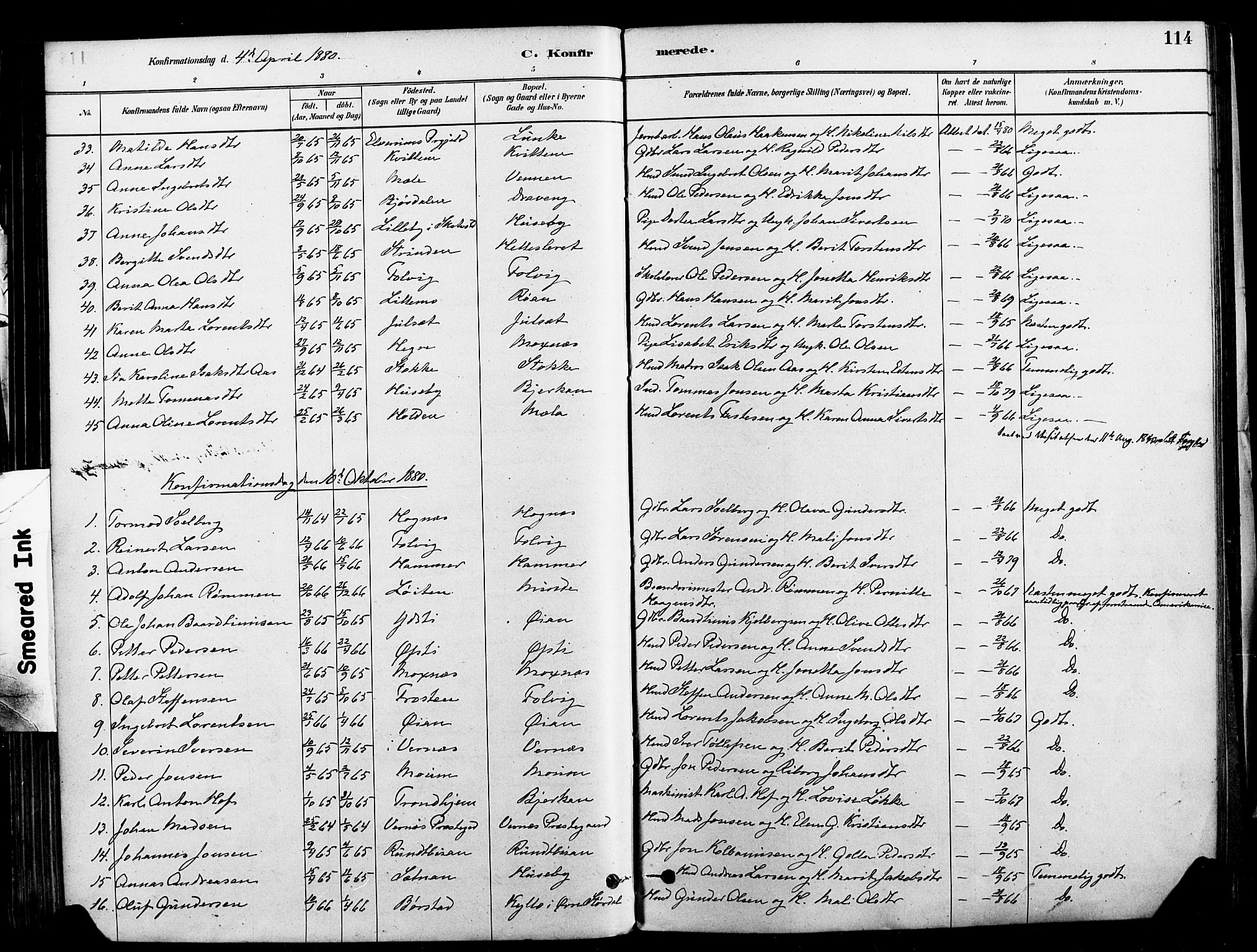 Ministerialprotokoller, klokkerbøker og fødselsregistre - Nord-Trøndelag, SAT/A-1458/709/L0077: Parish register (official) no. 709A17, 1880-1895, p. 114