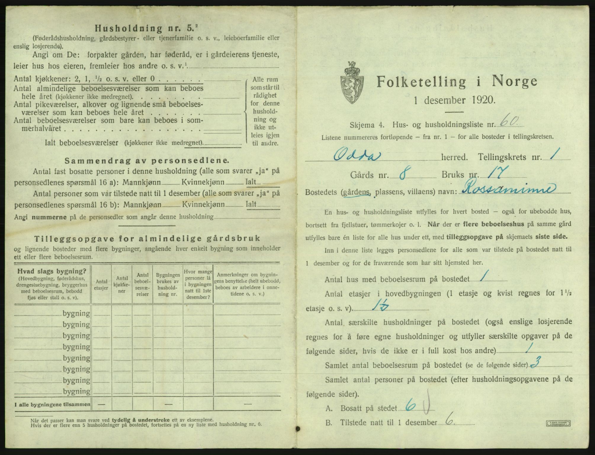 SAB, 1920 census for Odda, 1920, p. 171