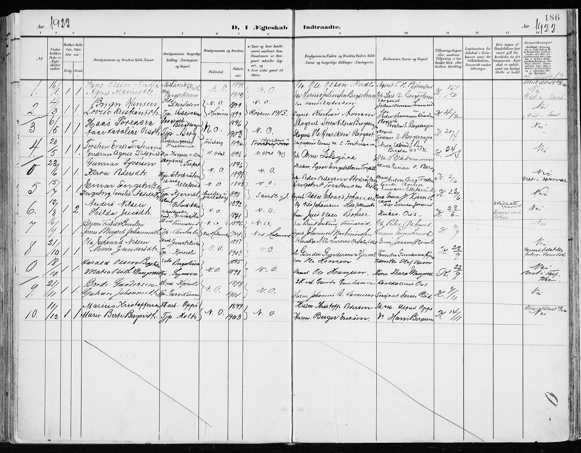 Nord-Odal prestekontor, SAH/PREST-032/H/Ha/Haa/L0009: Parish register (official) no. 9, 1902-1926, p. 186