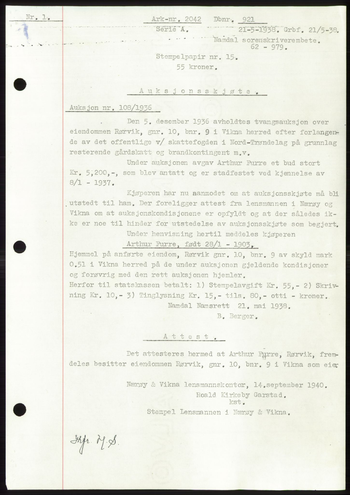 Namdal sorenskriveri, SAT/A-4133/1/2/2C: Mortgage book no. -, 1937-1939, Deed date: 21.05.1938