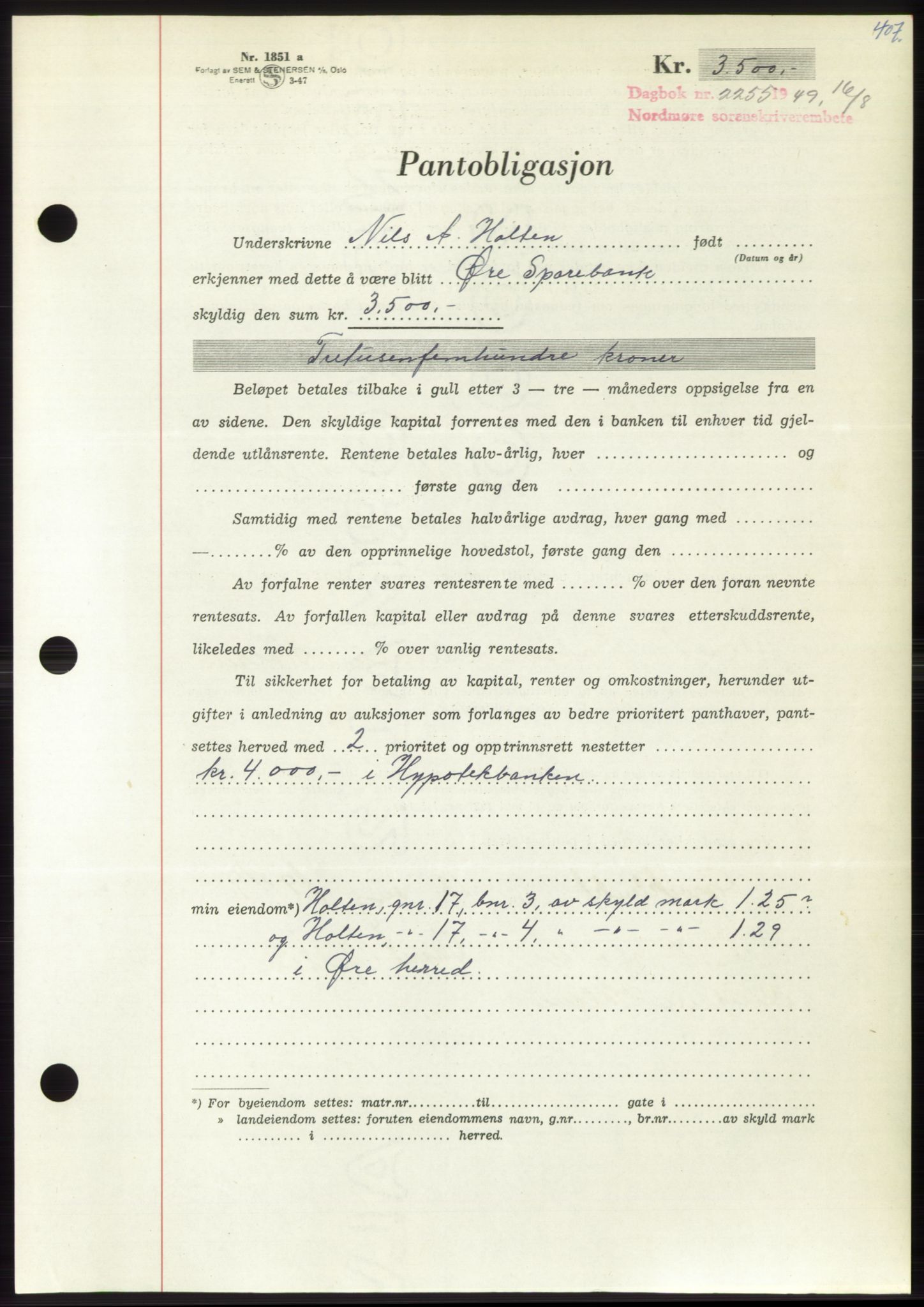 Nordmøre sorenskriveri, AV/SAT-A-4132/1/2/2Ca: Mortgage book no. B102, 1949-1949, Diary no: : 2255/1949