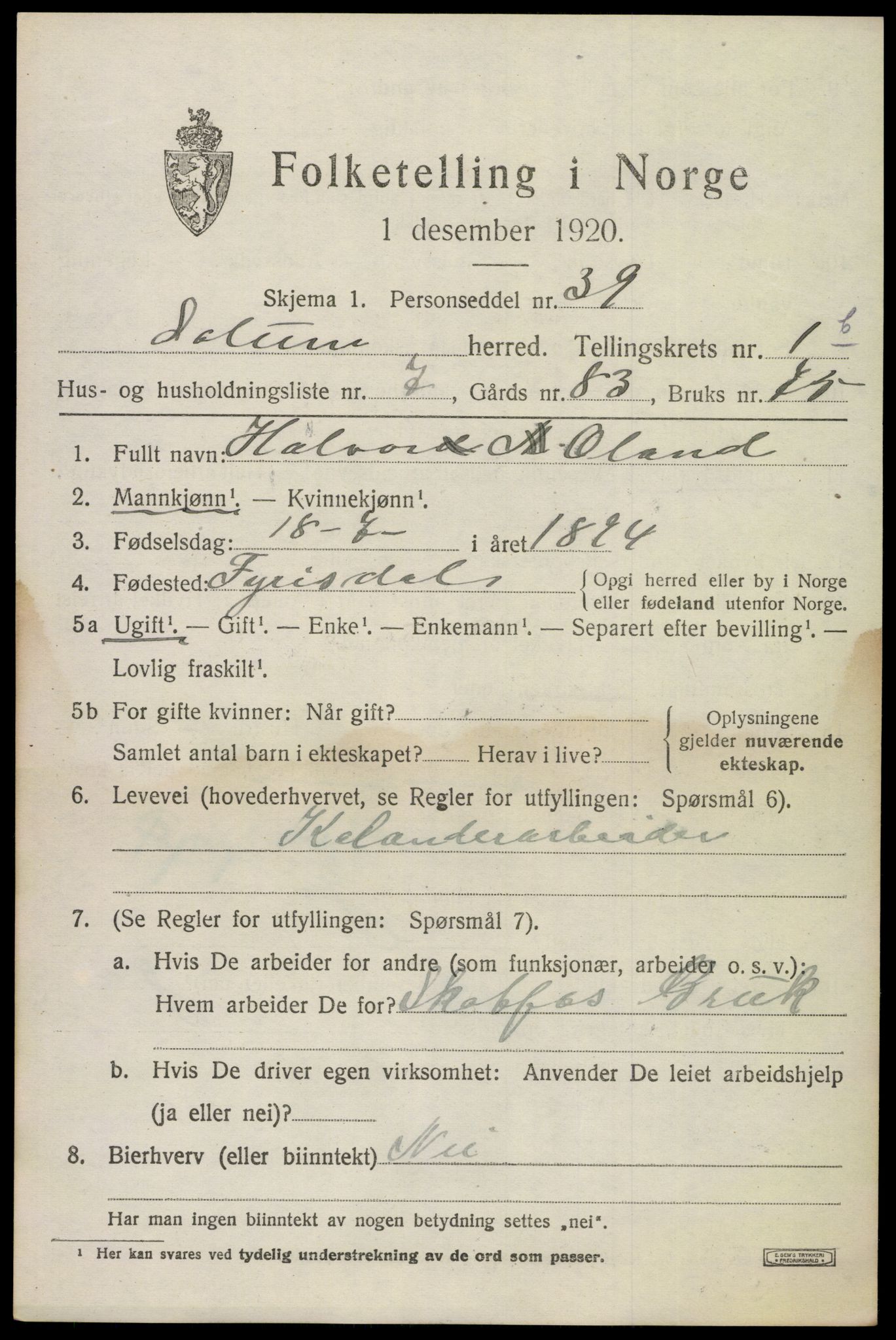 SAKO, 1920 census for Solum, 1920, p. 4206