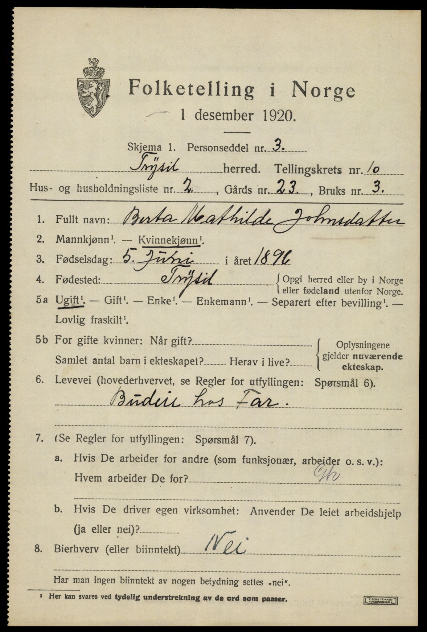 SAH, 1920 census for Trysil, 1920, p. 6877