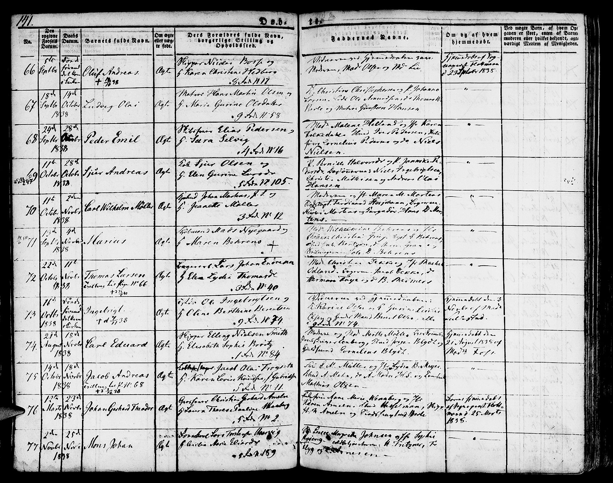Nykirken Sokneprestembete, SAB/A-77101/H/Hab: Parish register (copy) no. A 5I, 1821-1841, p. 141