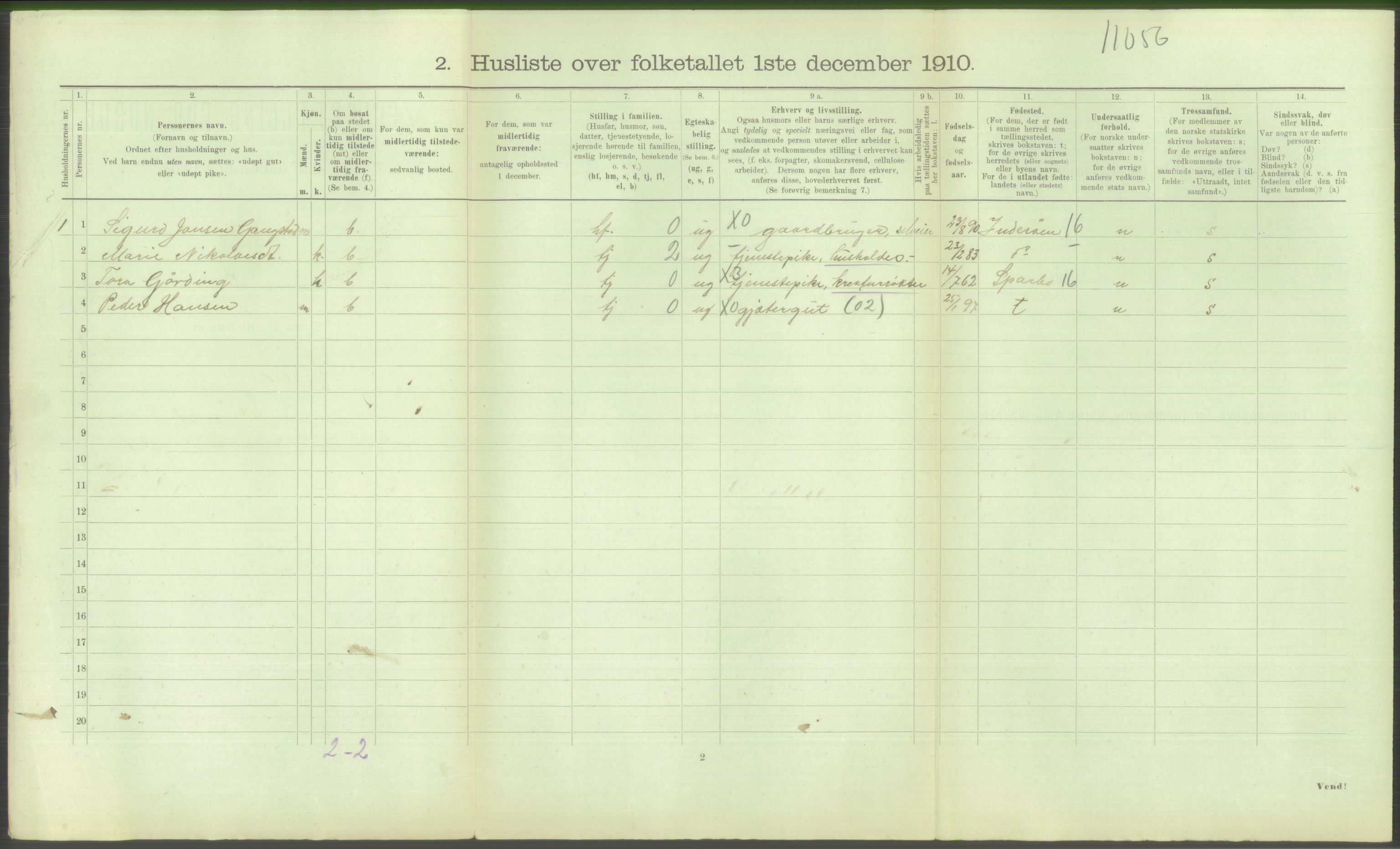 RA, 1910 census for Hustad (Sandvollan), 1910, p. 112