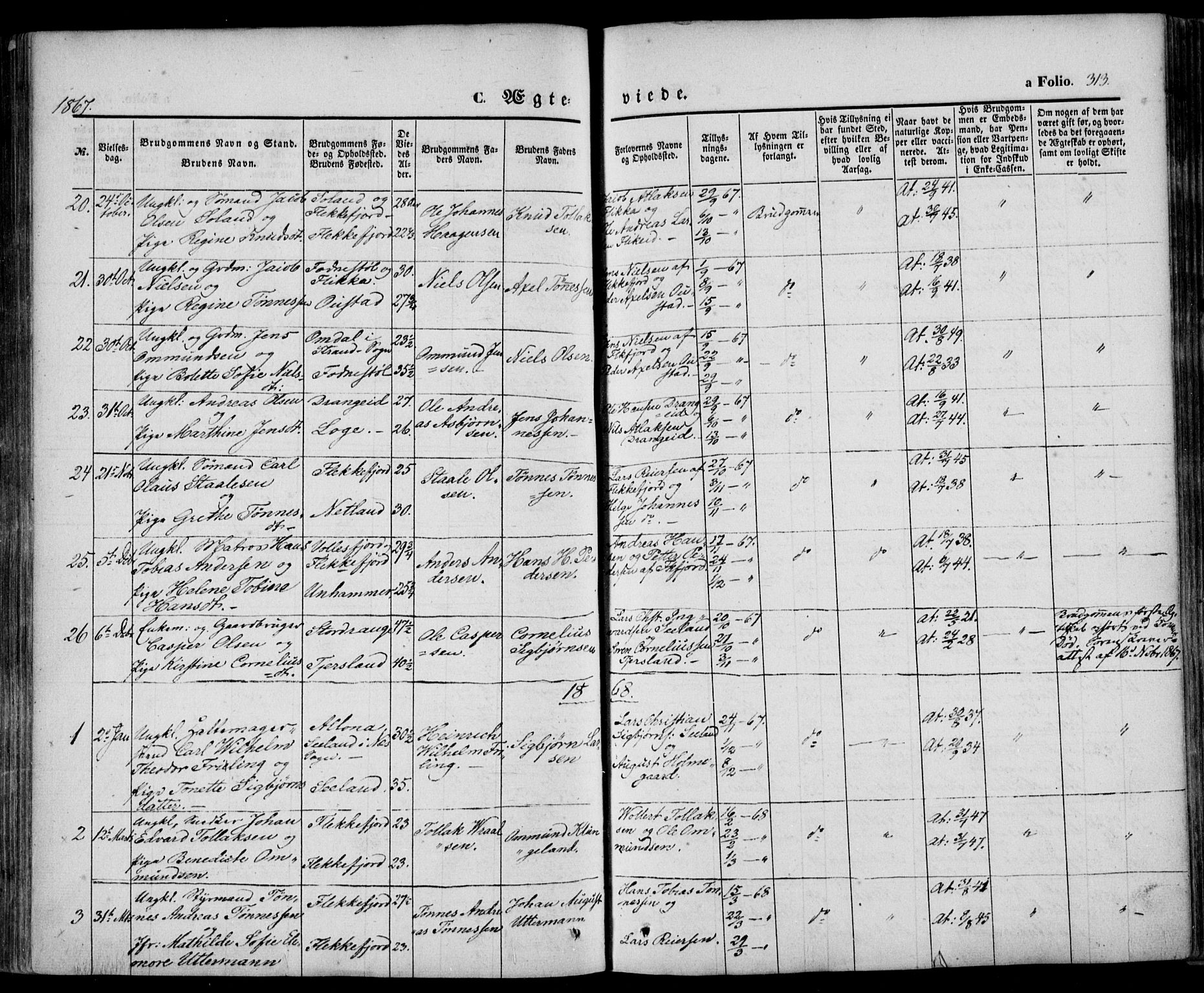 Flekkefjord sokneprestkontor, AV/SAK-1111-0012/F/Fa/Fac/L0005: Parish register (official) no. A 5, 1849-1875, p. 313