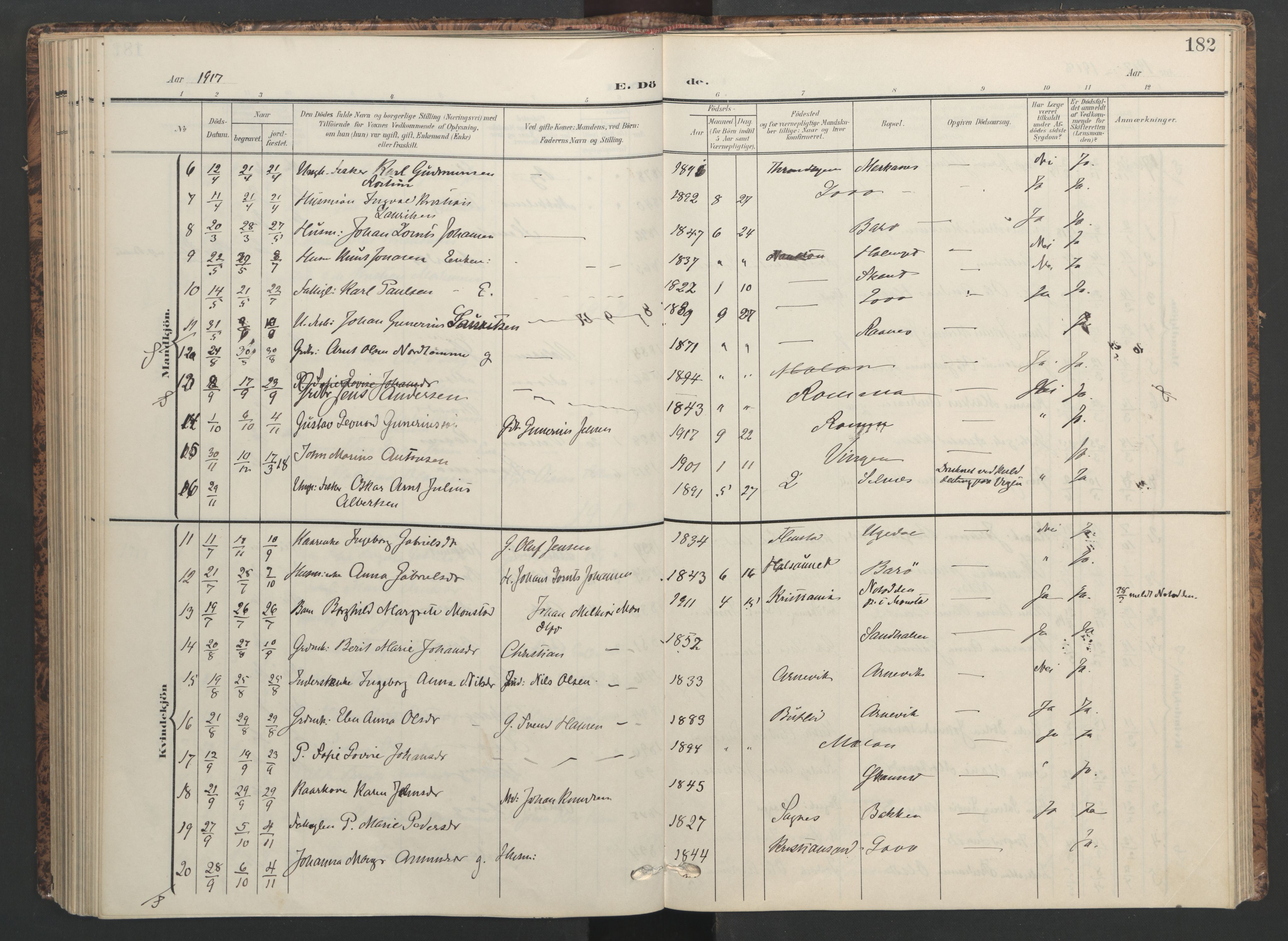 Ministerialprotokoller, klokkerbøker og fødselsregistre - Sør-Trøndelag, SAT/A-1456/655/L0682: Parish register (official) no. 655A11, 1908-1922, p. 182