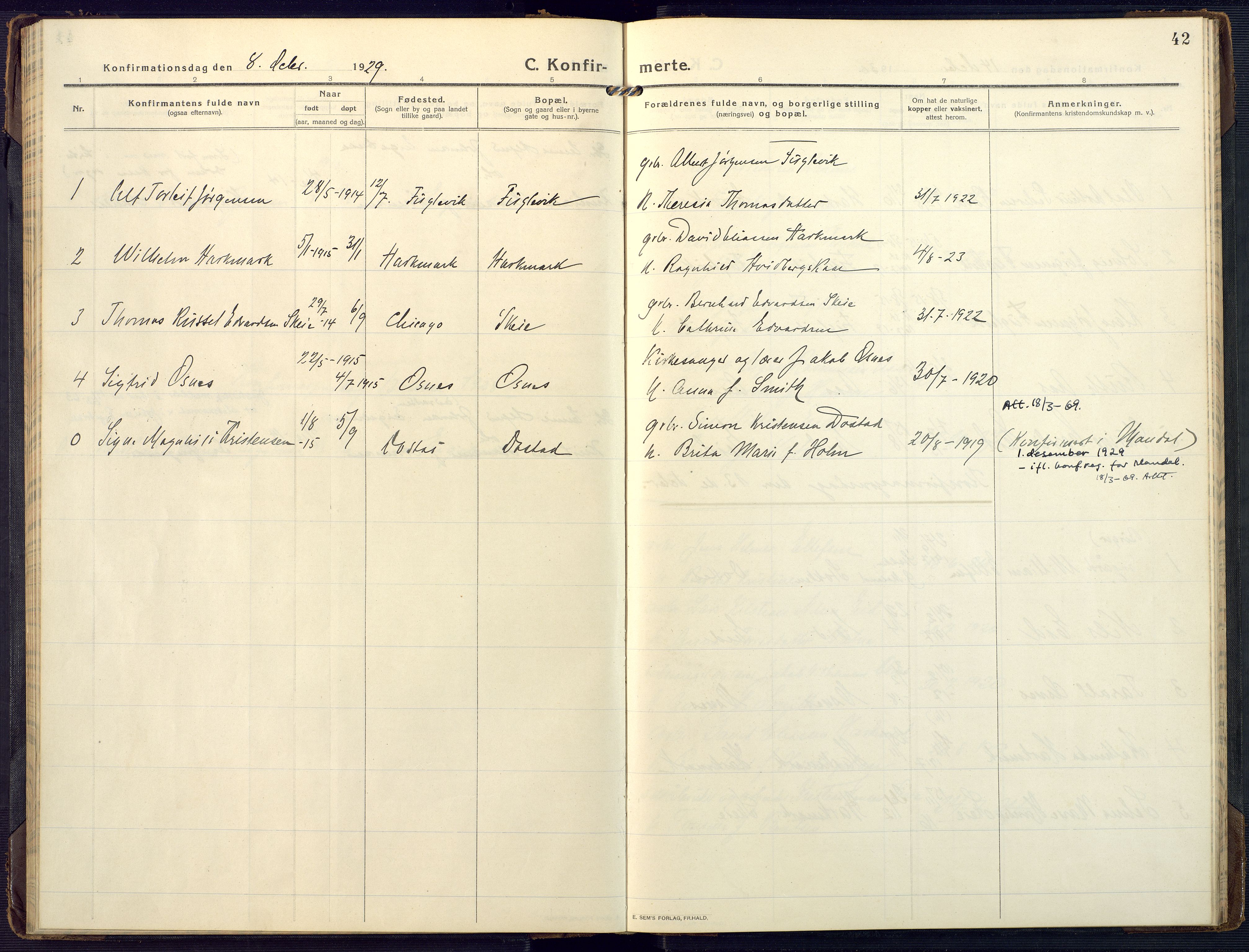 Mandal sokneprestkontor, SAK/1111-0030/F/Fa/Fab/L0003: Parish register (official) no. A 3, 1913-1933, p. 42