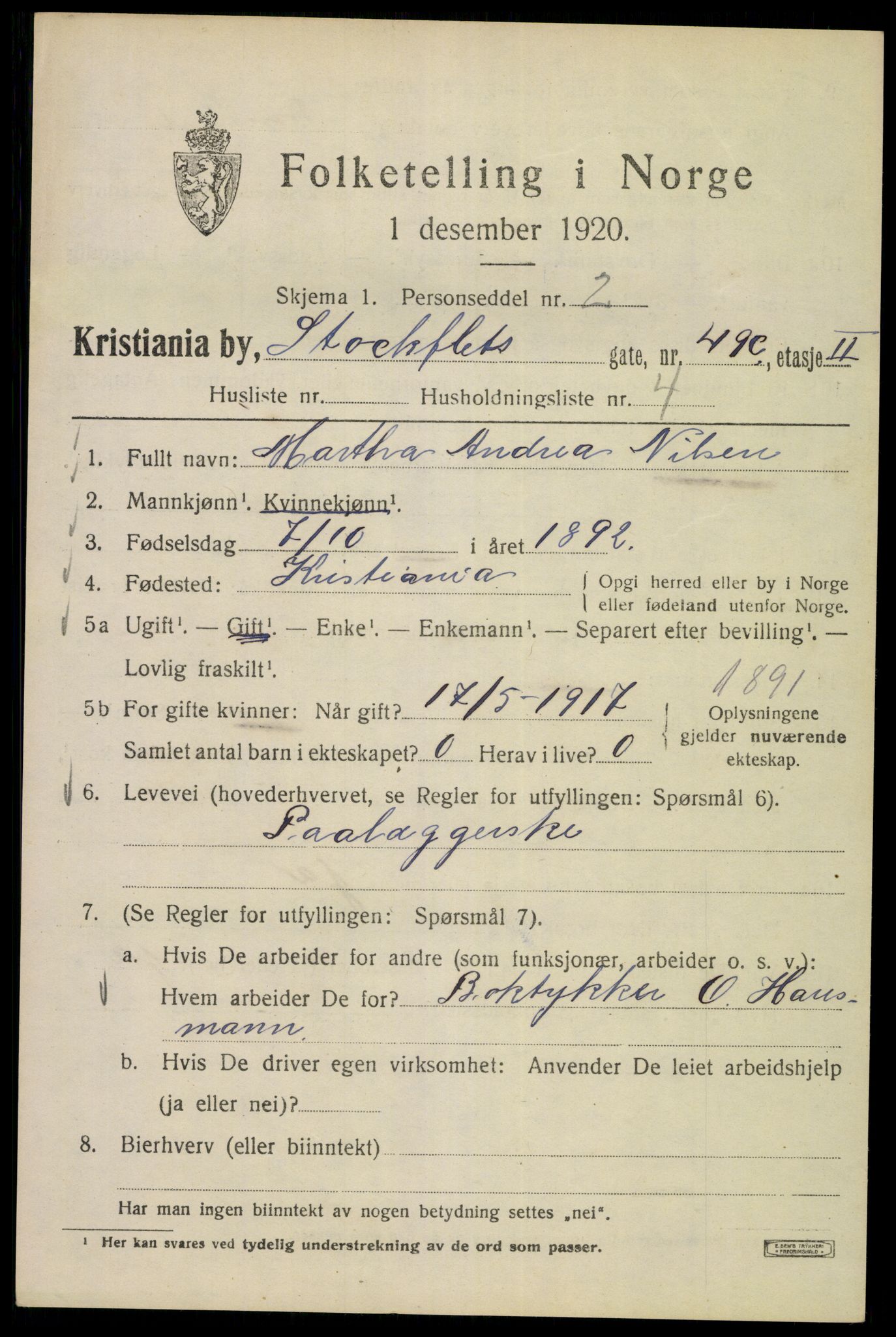SAO, 1920 census for Kristiania, 1920, p. 544663