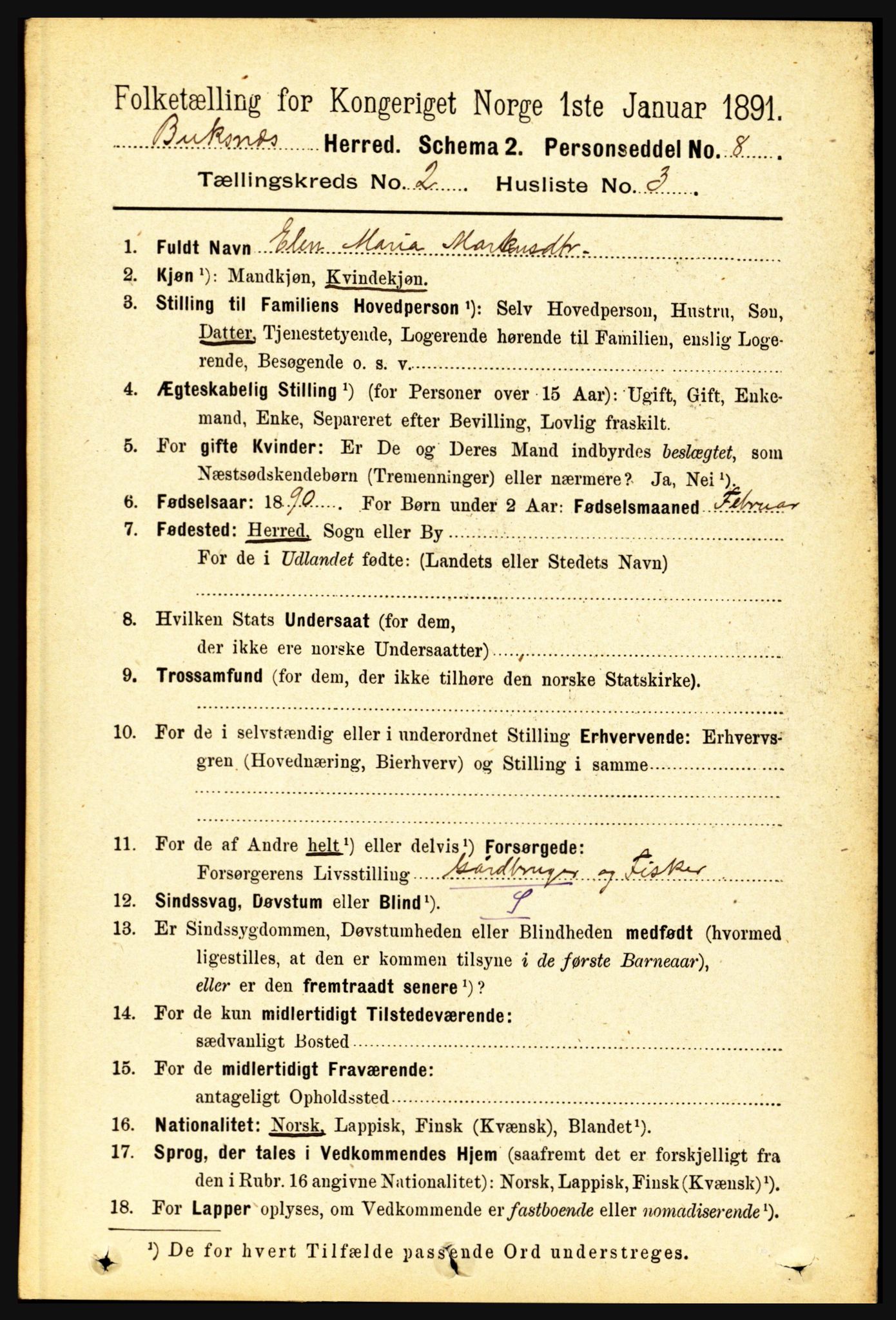 RA, 1891 census for 1860 Buksnes, 1891, p. 1621