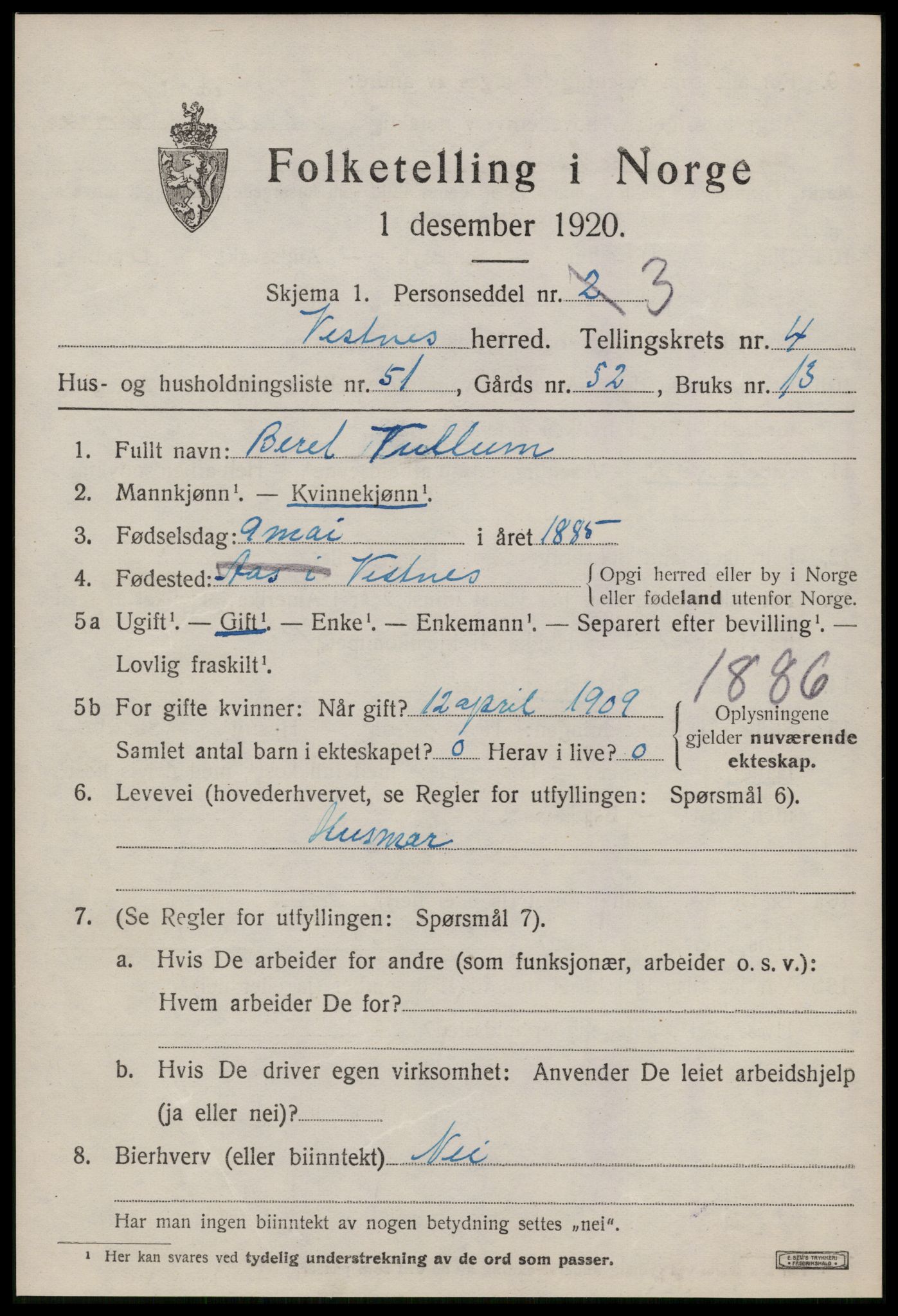 SAT, 1920 census for Vestnes, 1920, p. 3871