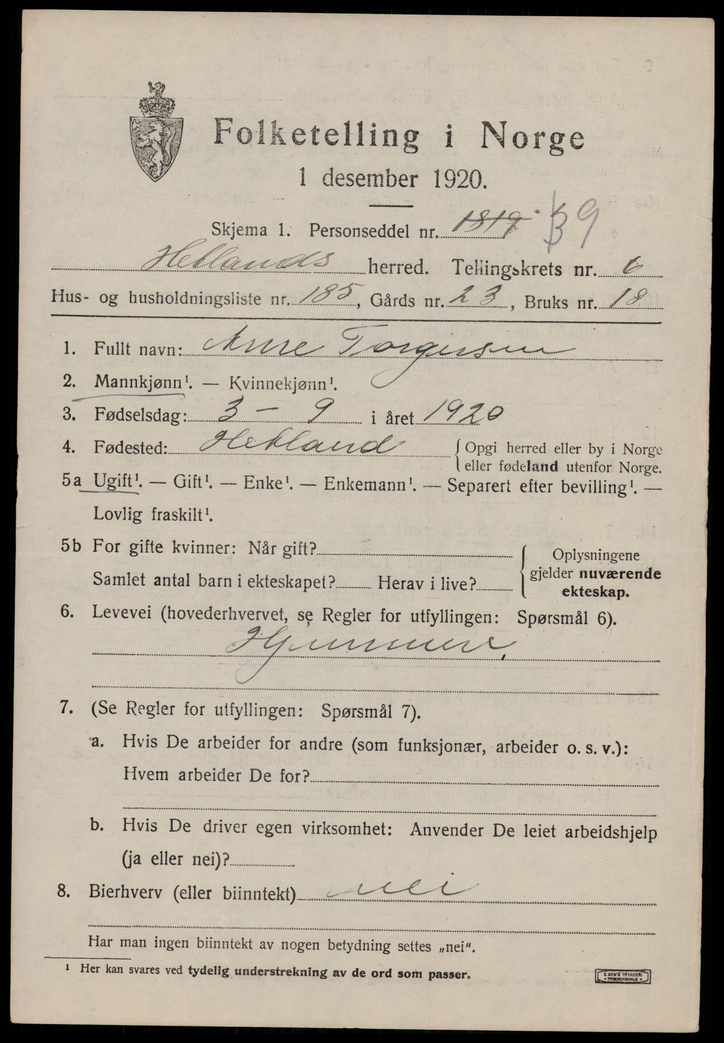 SAST, 1920 census for Hetland, 1920, p. 13113