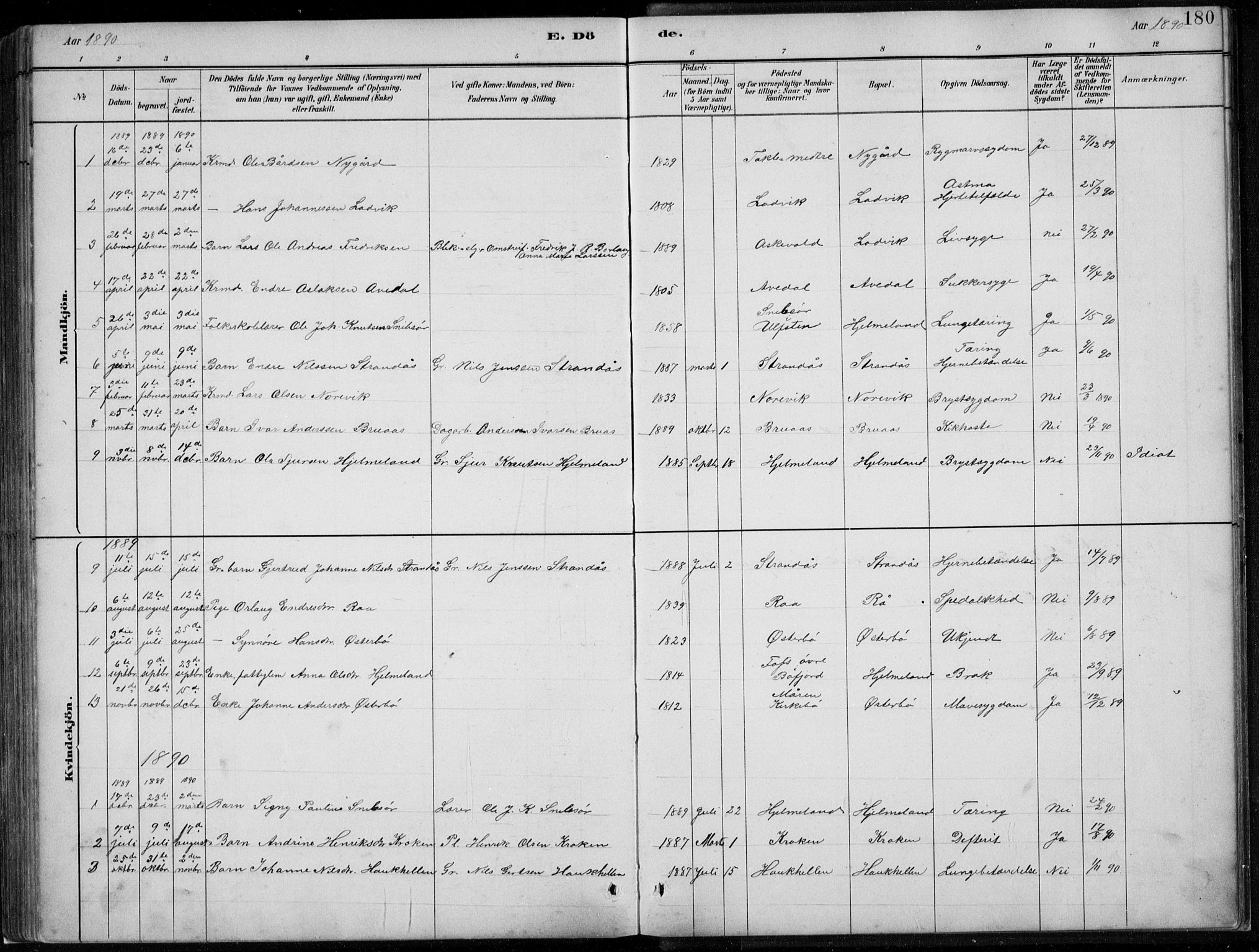 Lavik sokneprestembete, SAB/A-80901: Parish register (copy) no. A 2, 1882-1910, p. 180