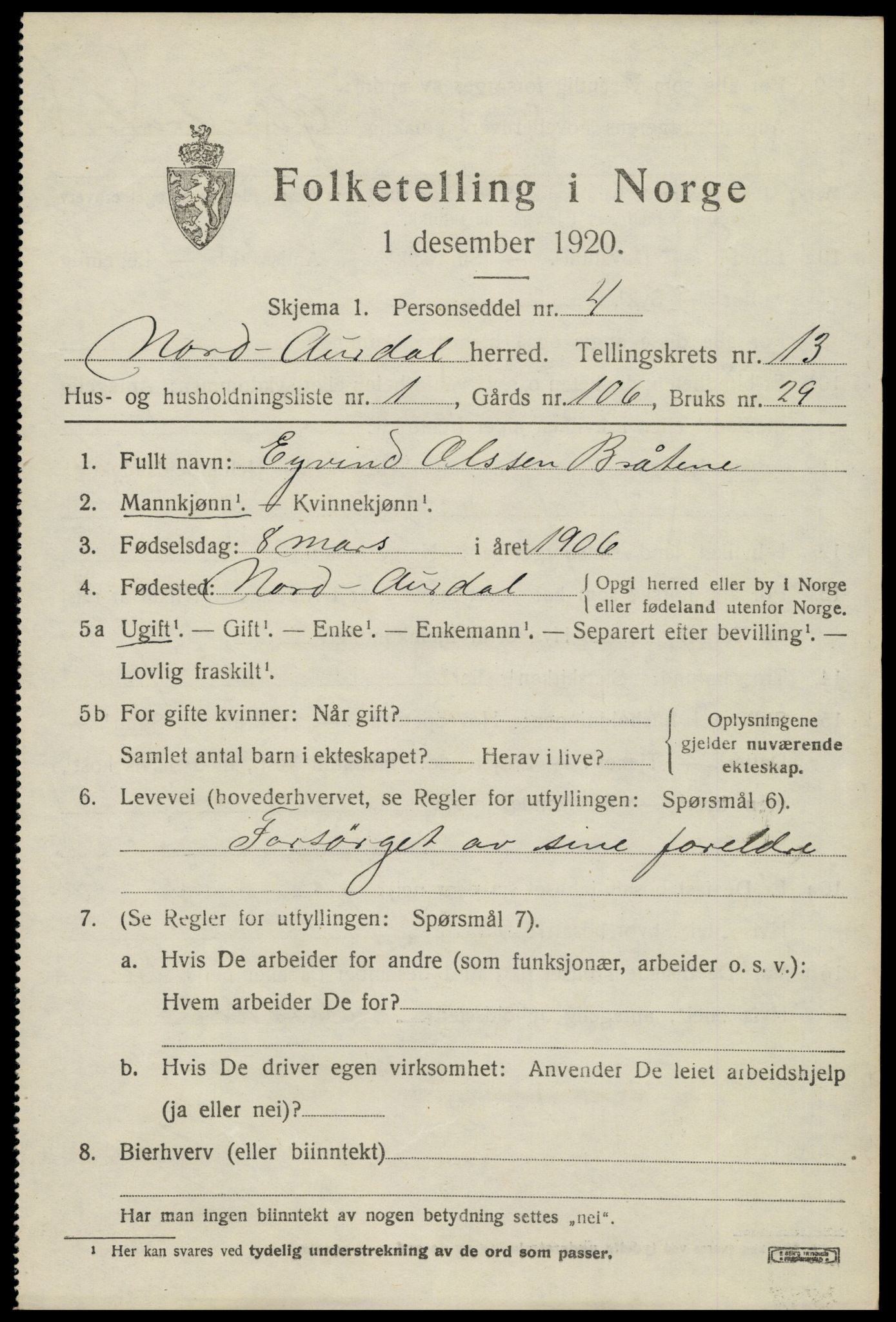 SAH, 1920 census for Nord-Aurdal, 1920, p. 10466