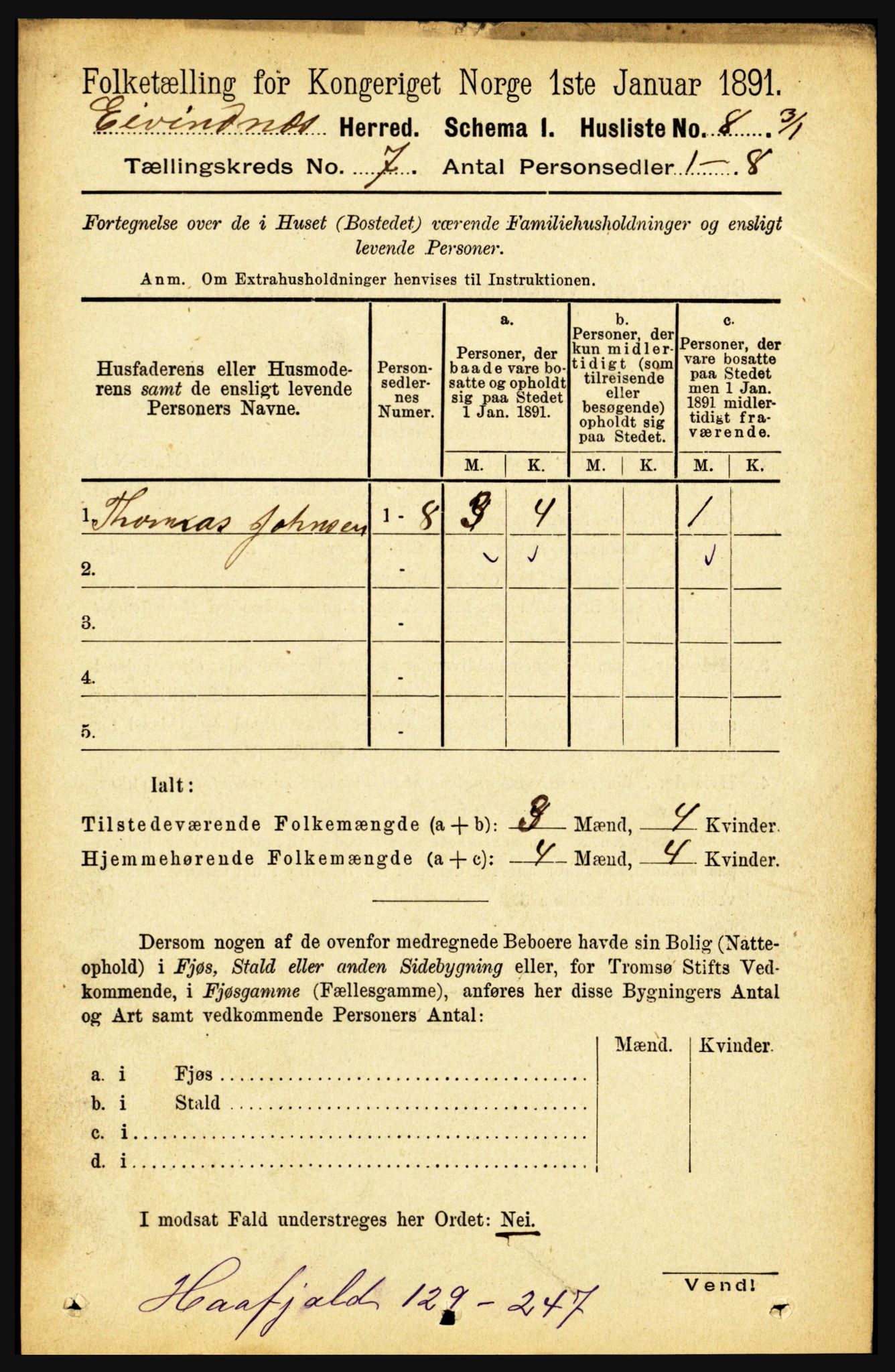 RA, 1891 census for 1853 Evenes, 1891, p. 2129