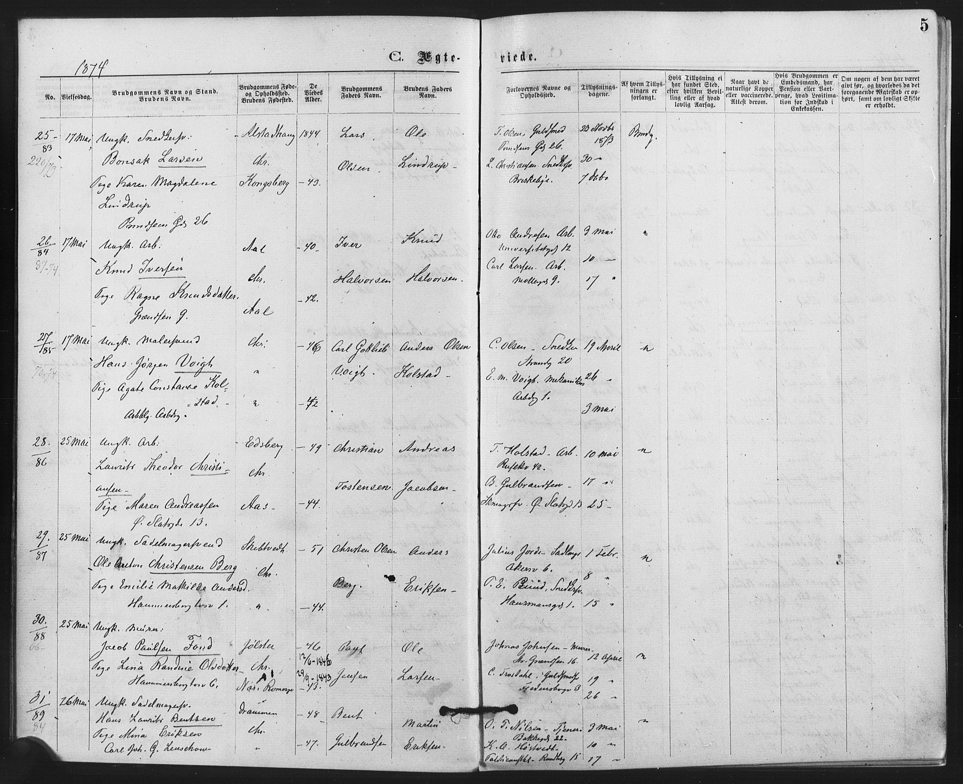 Trefoldighet prestekontor Kirkebøker, AV/SAO-A-10882/F/Fc/L0002: Parish register (official) no. III 2, 1874-1881, p. 5