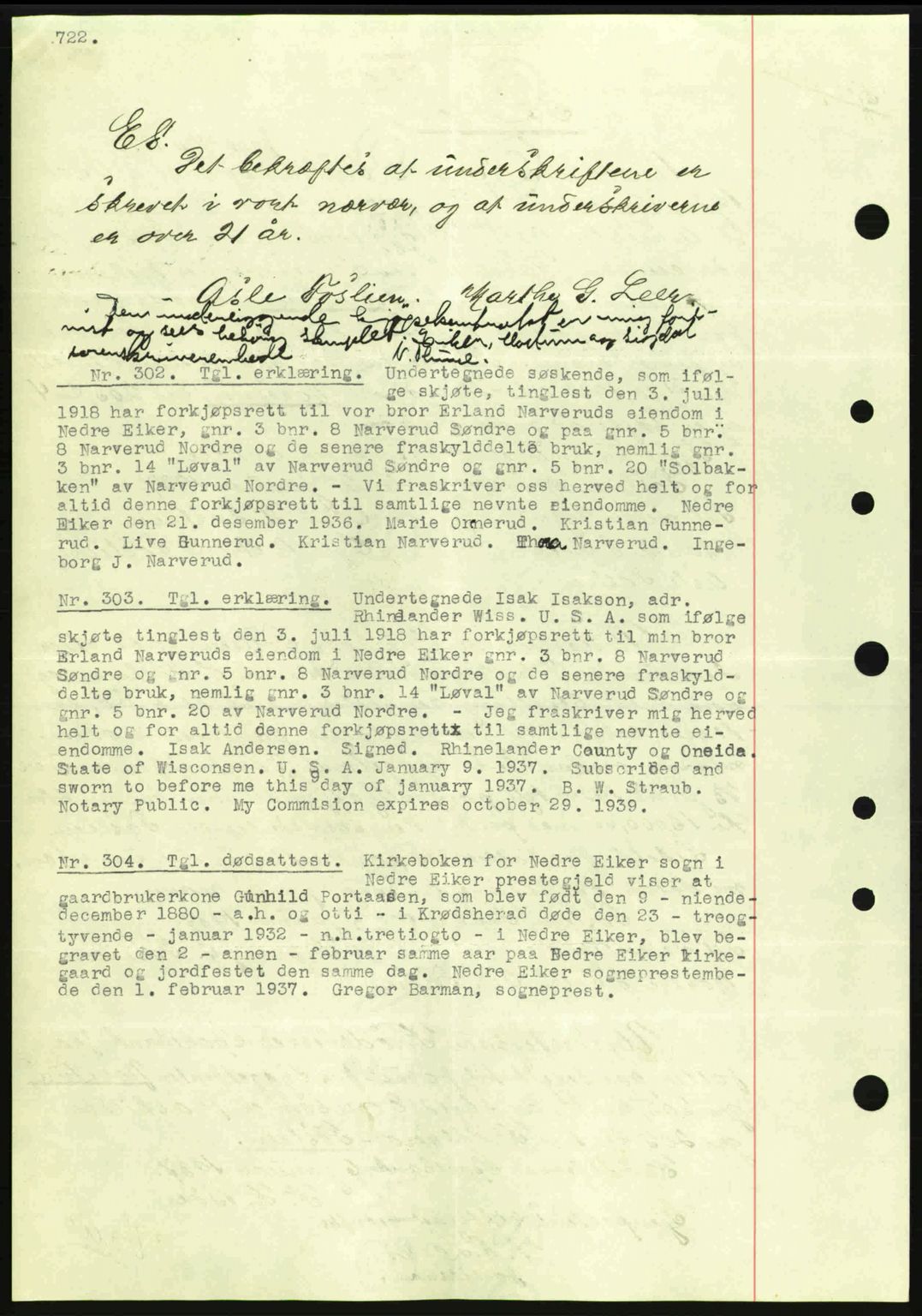 Eiker, Modum og Sigdal sorenskriveri, SAKO/A-123/G/Ga/Gab/L0034: Mortgage book no. A4, 1936-1937, Diary no: : 302/1937