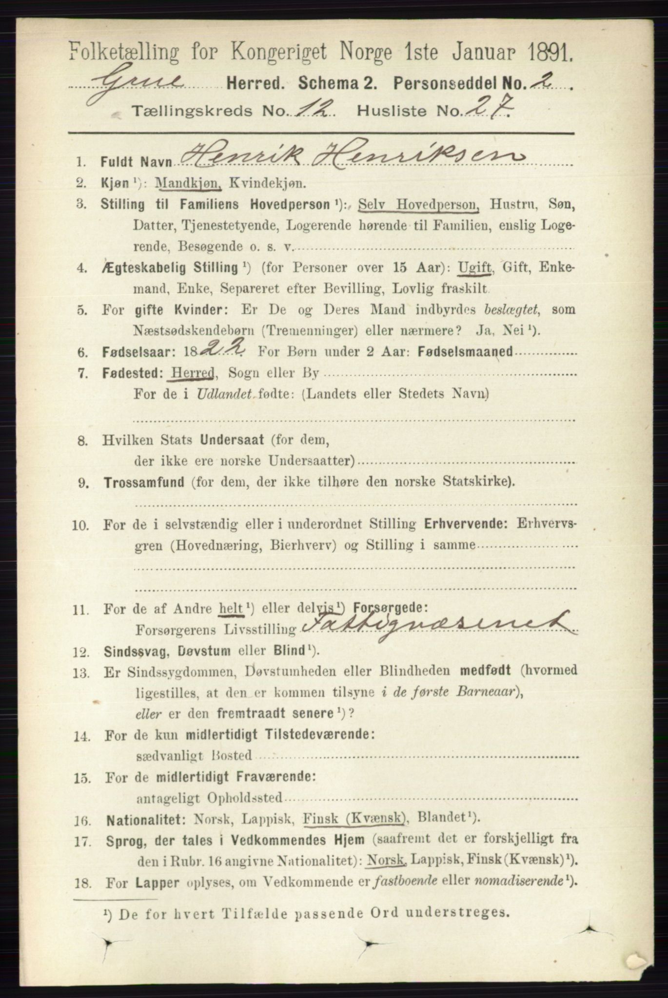 RA, 1891 census for 0423 Grue, 1891, p. 6273