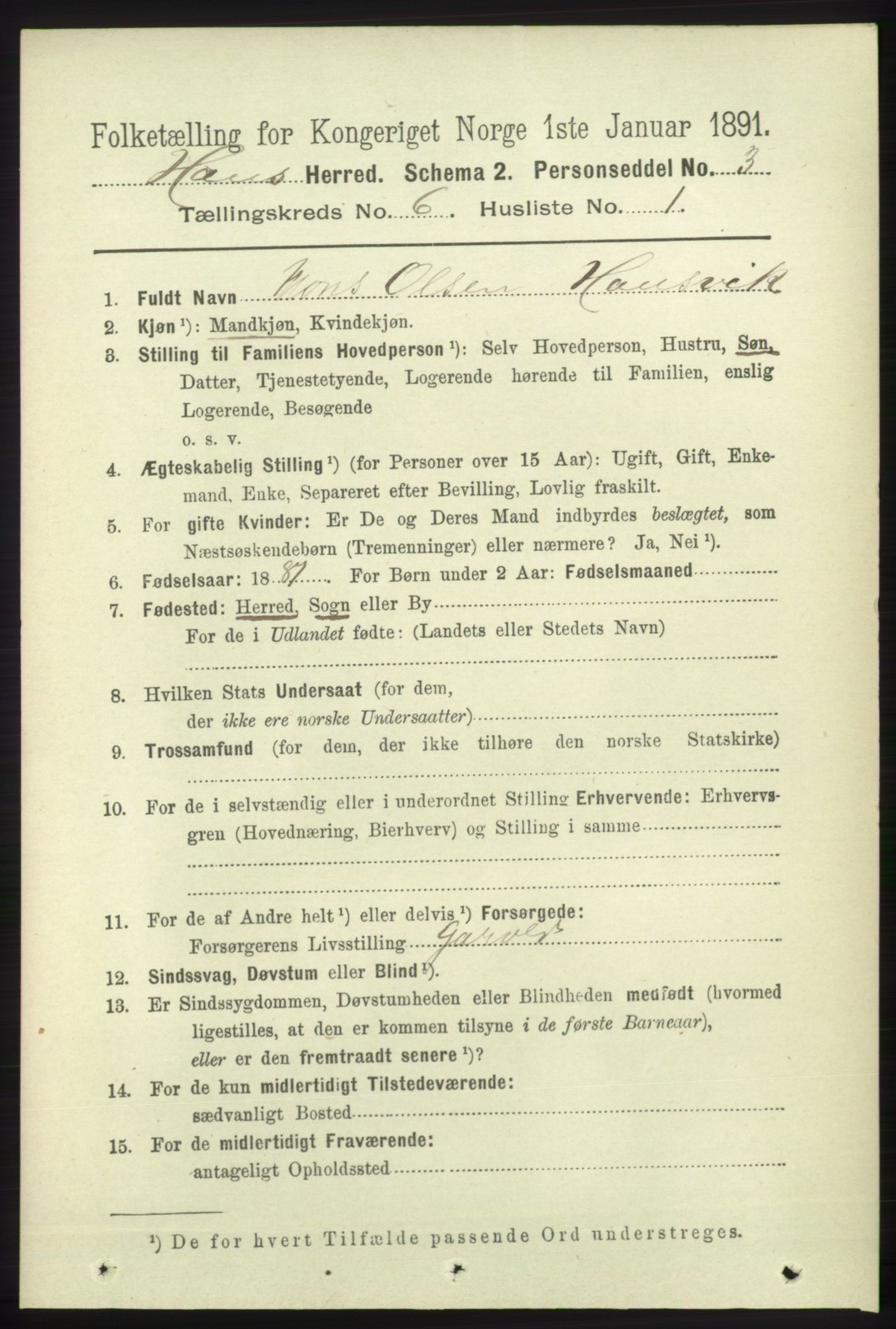 RA, 1891 census for 1250 Haus, 1891, p. 2314