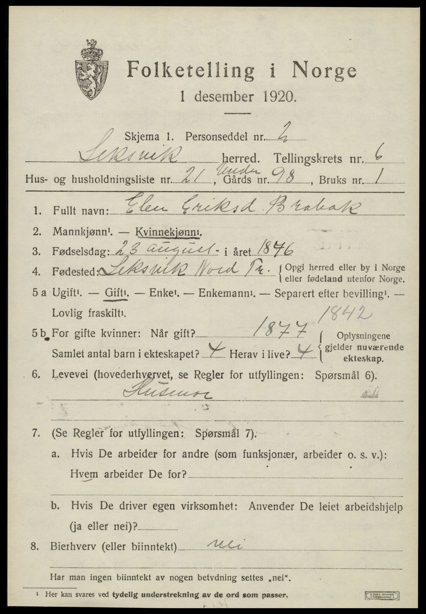 SAT, 1920 census for Leksvik, 1920, p. 5678