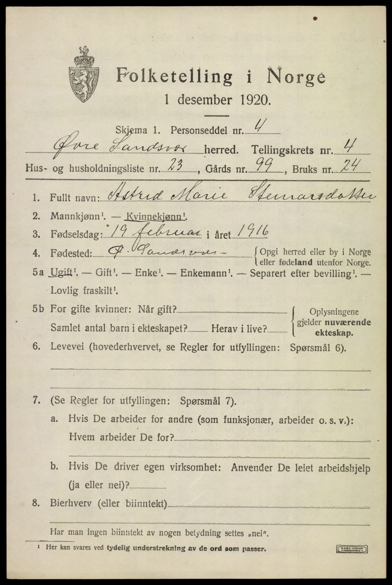 SAKO, 1920 census for Øvre Sandsvær, 1920, p. 2828