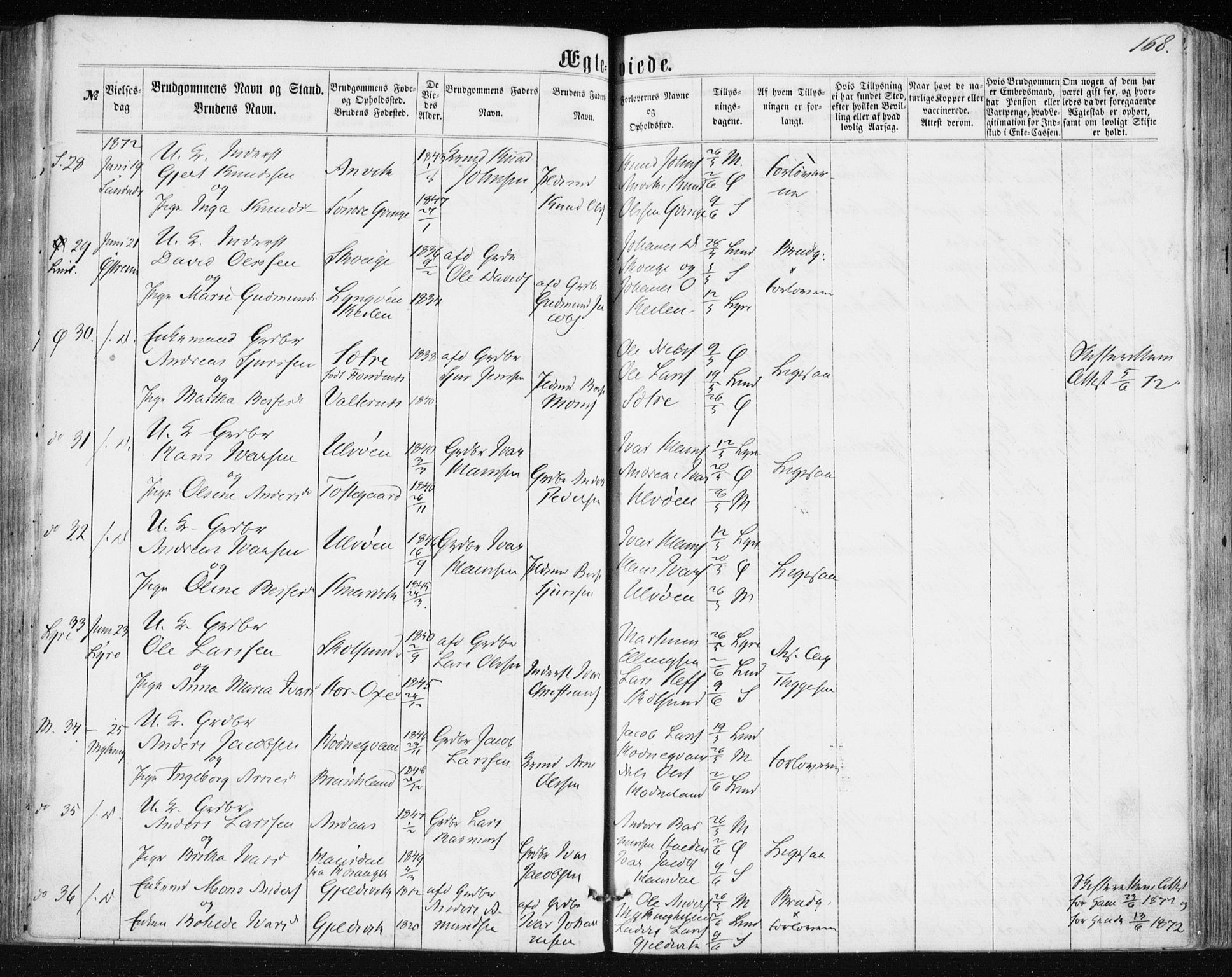 Lindås Sokneprestembete, AV/SAB-A-76701/H/Haa/Haaa/L0016: Parish register (official) no. A 16, 1863-1875, p. 168