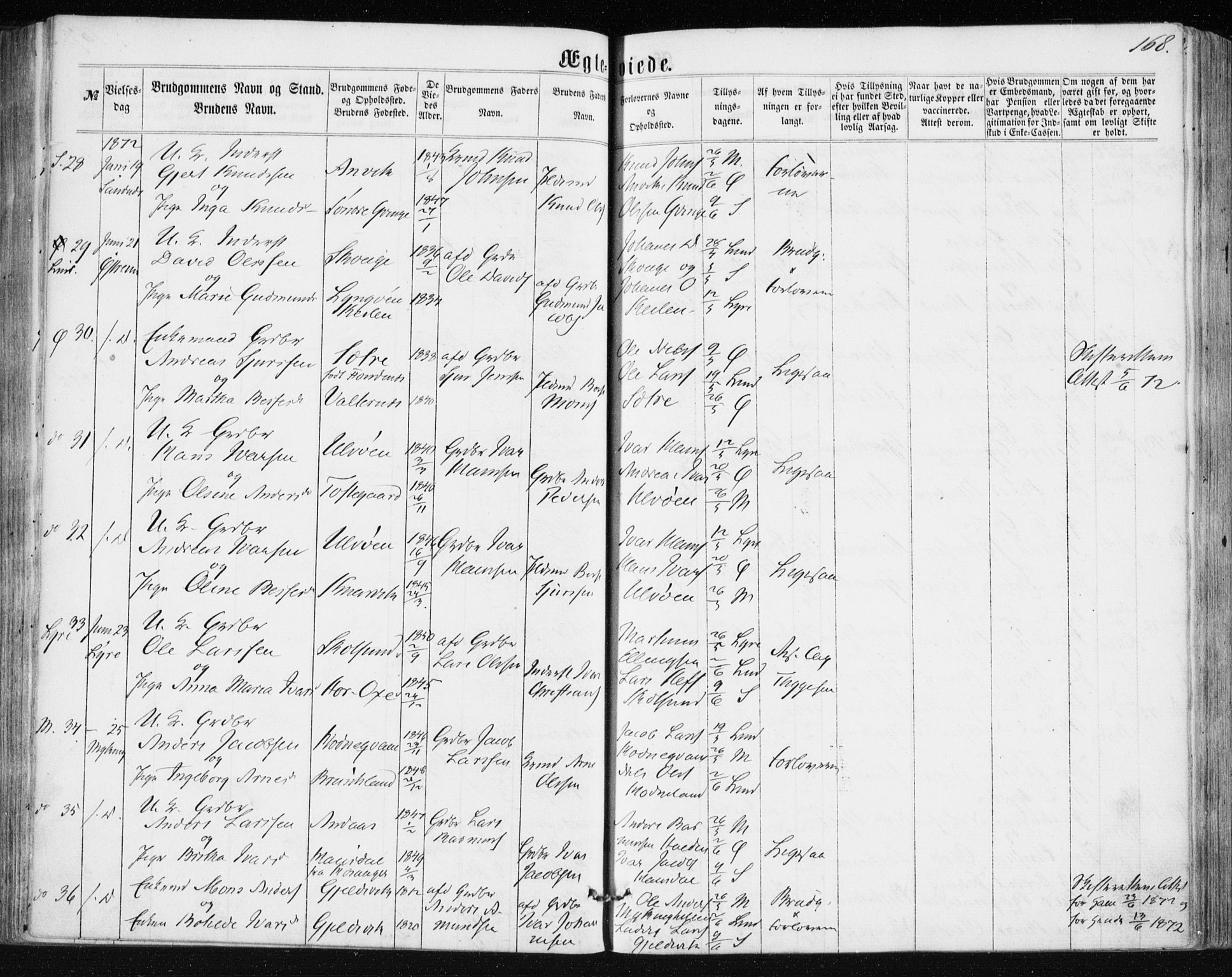 Lindås Sokneprestembete, AV/SAB-A-76701/H/Haa/Haaa/L0016: Parish register (official) no. A 16, 1863-1875, p. 168