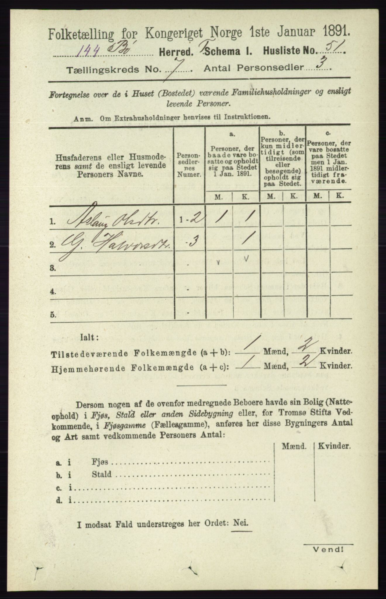 RA, 1891 census for 0821 Bø, 1891, p. 2195