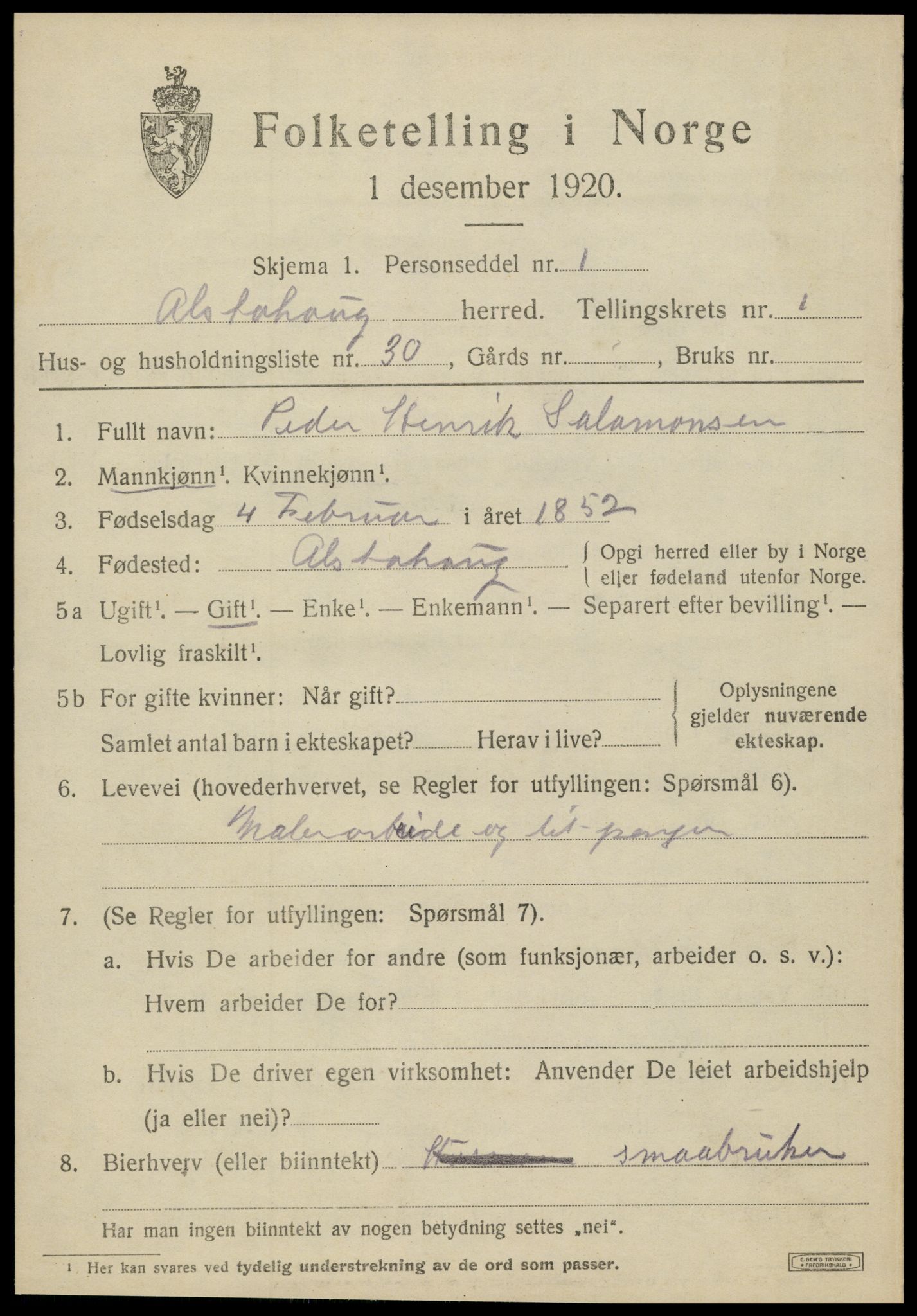 SAT, 1920 census for Alstahaug, 1920, p. 837