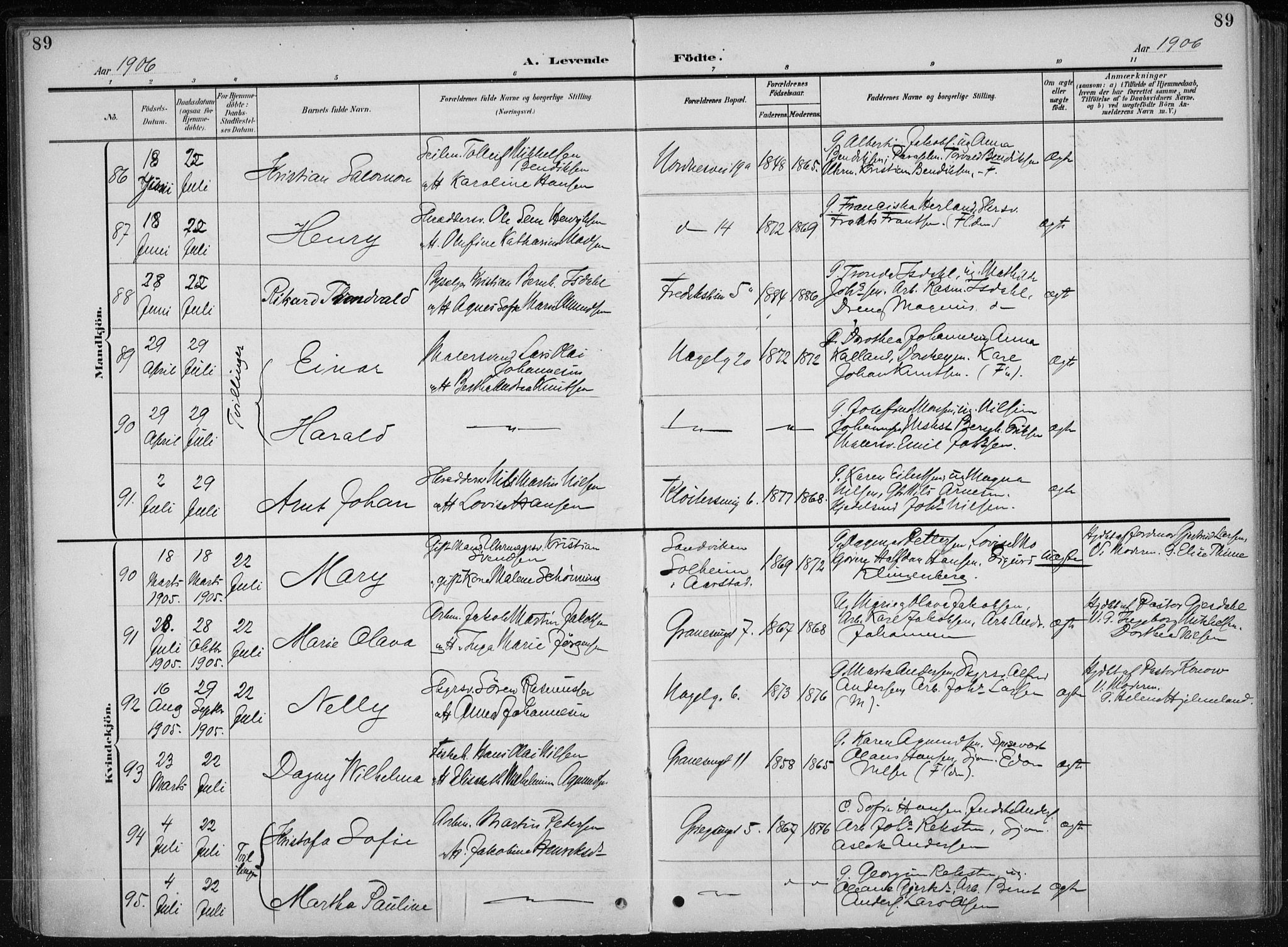 Nykirken Sokneprestembete, AV/SAB-A-77101/H/Haa/L0019: Parish register (official) no. B 7, 1904-1916, p. 89