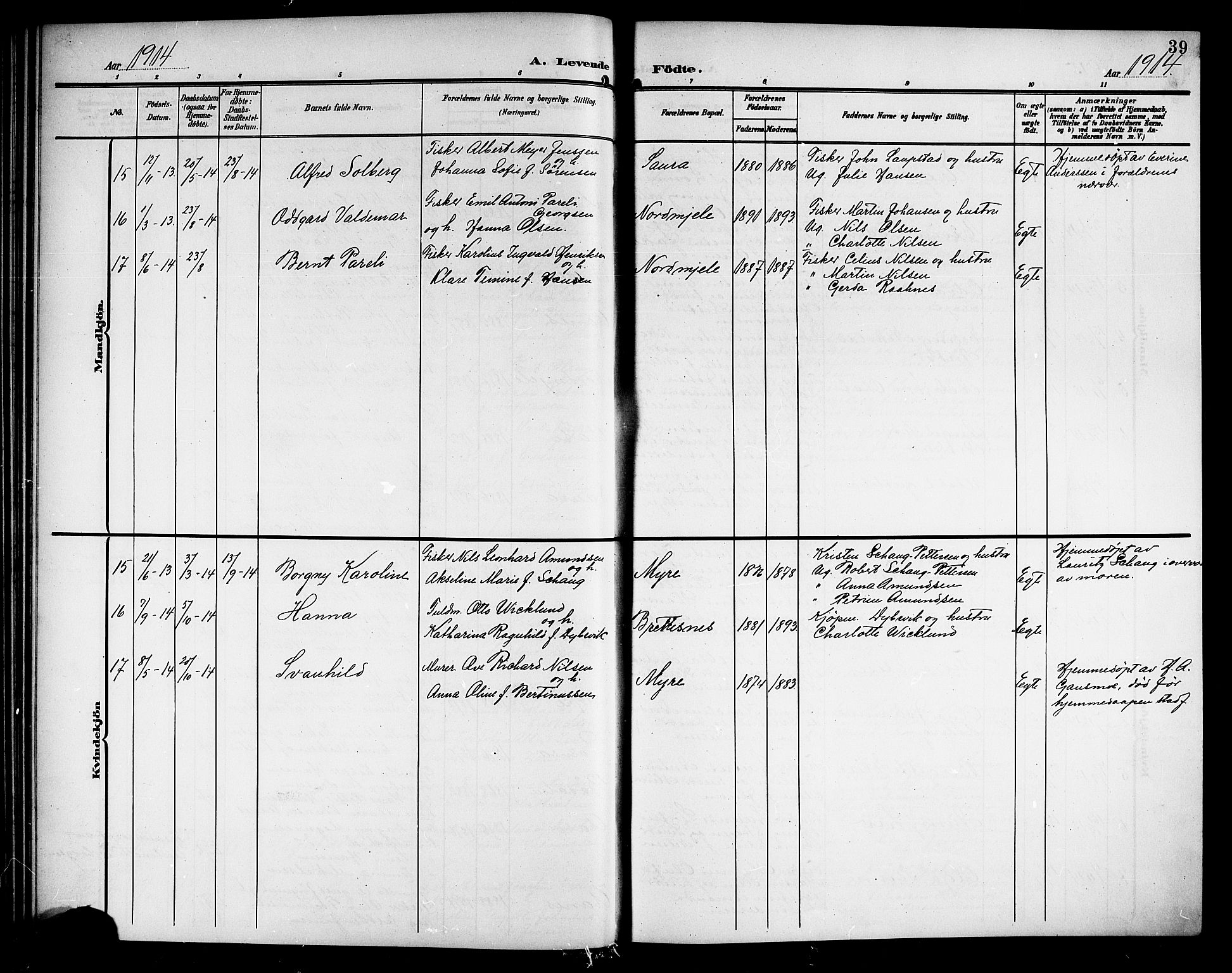 Ministerialprotokoller, klokkerbøker og fødselsregistre - Nordland, AV/SAT-A-1459/897/L1414: Parish register (copy) no. 897C04, 1904-1915, p. 39