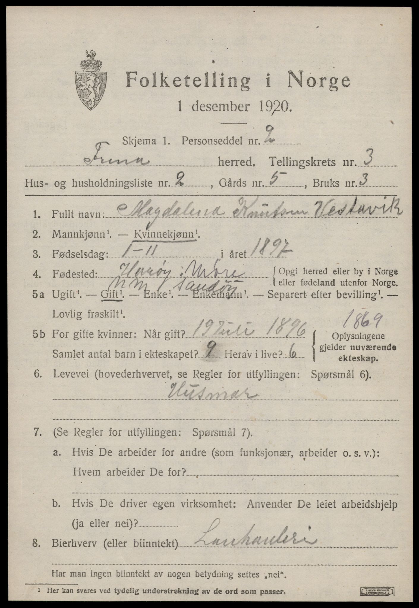 SAT, 1920 census for Fræna, 1920, p. 2327
