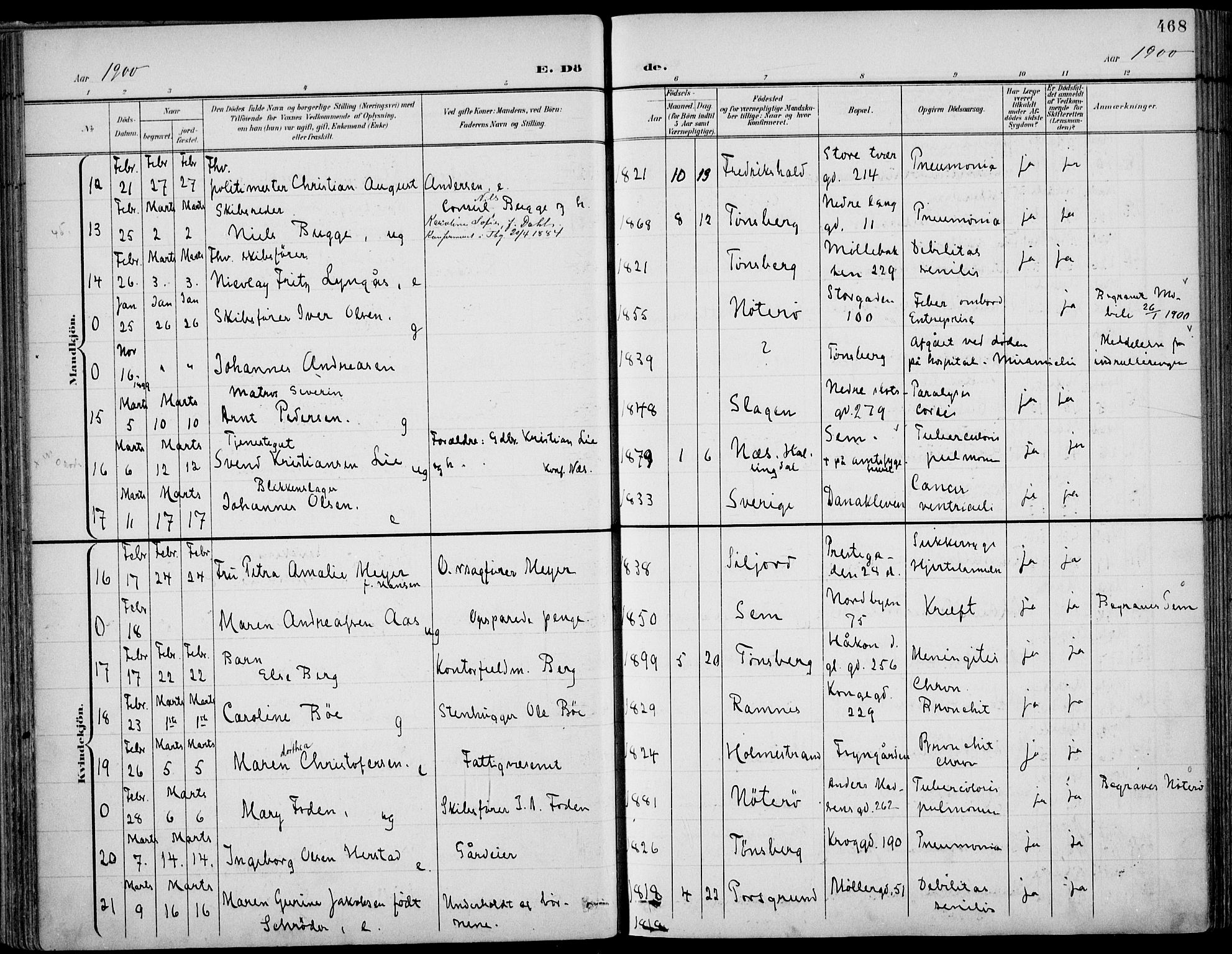 Tønsberg kirkebøker, AV/SAKO-A-330/F/Fa/L0013: Parish register (official) no. I 13, 1900-1913, p. 468