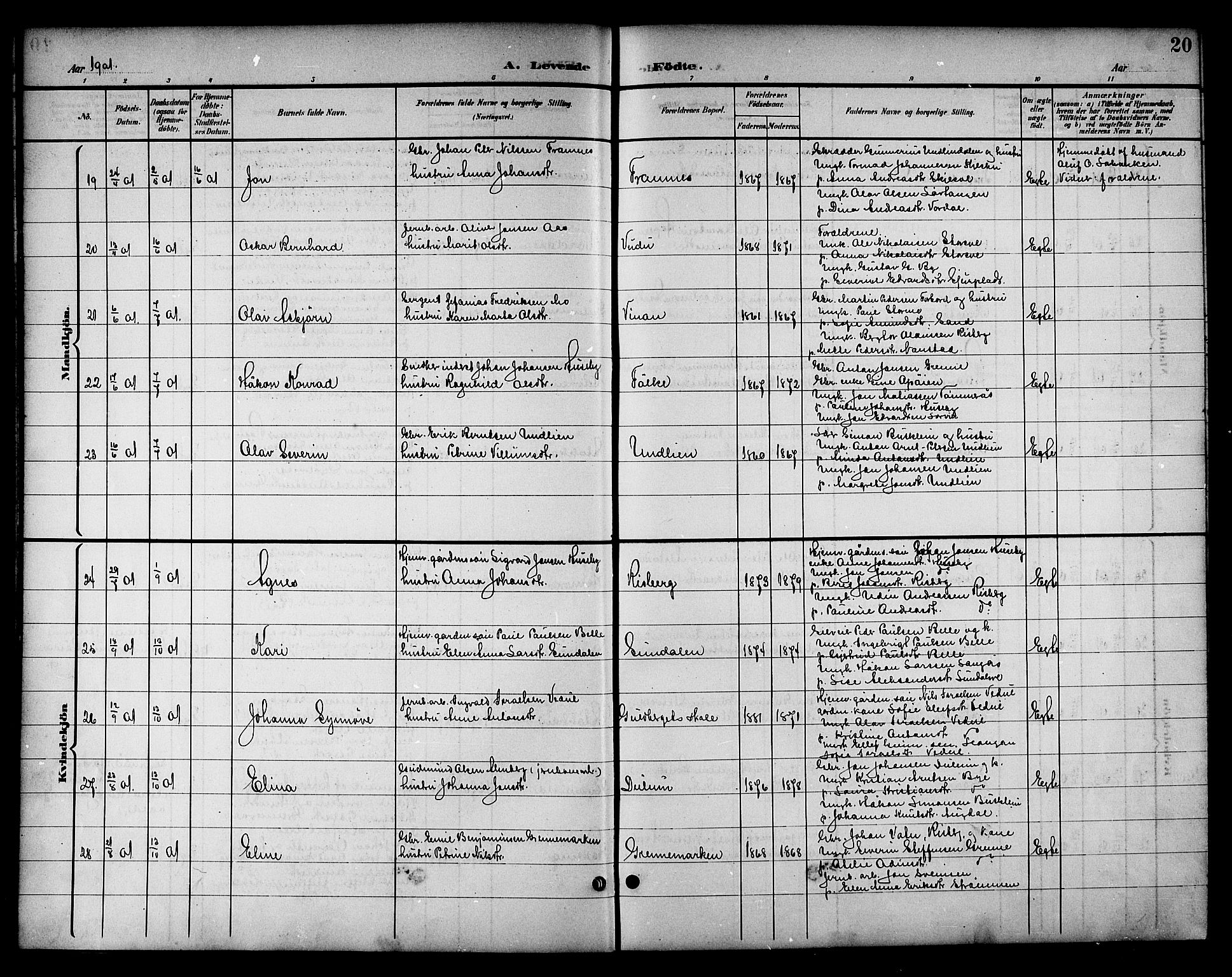 Ministerialprotokoller, klokkerbøker og fødselsregistre - Nord-Trøndelag, AV/SAT-A-1458/714/L0135: Parish register (copy) no. 714C04, 1899-1918, p. 20