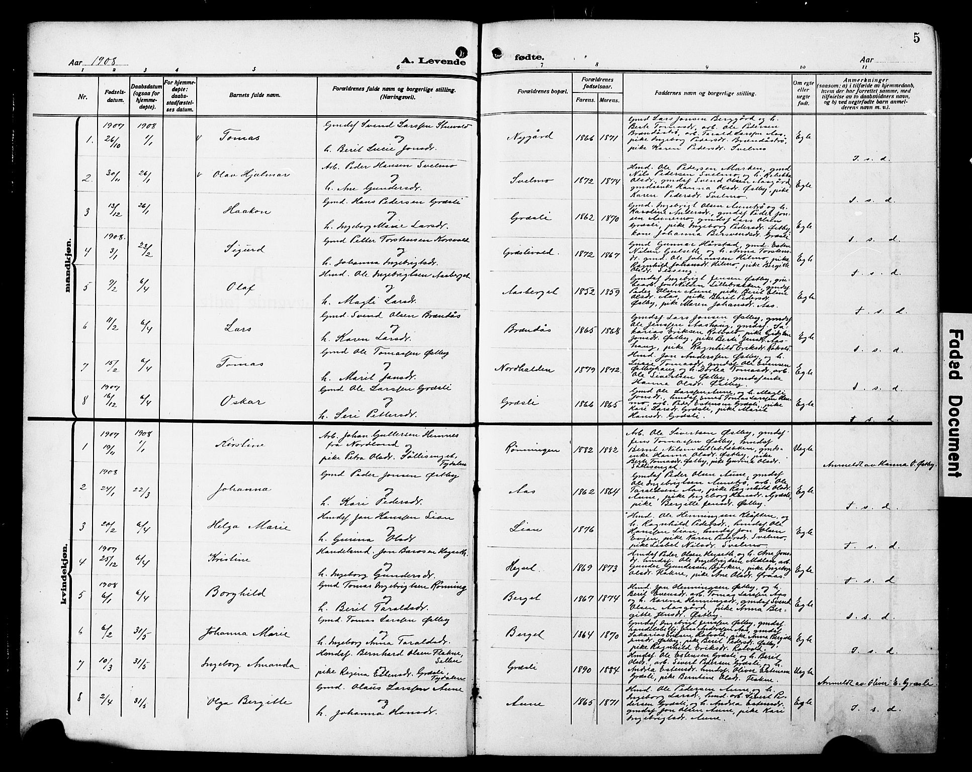 Ministerialprotokoller, klokkerbøker og fødselsregistre - Sør-Trøndelag, SAT/A-1456/698/L1168: Parish register (copy) no. 698C05, 1908-1930, p. 5