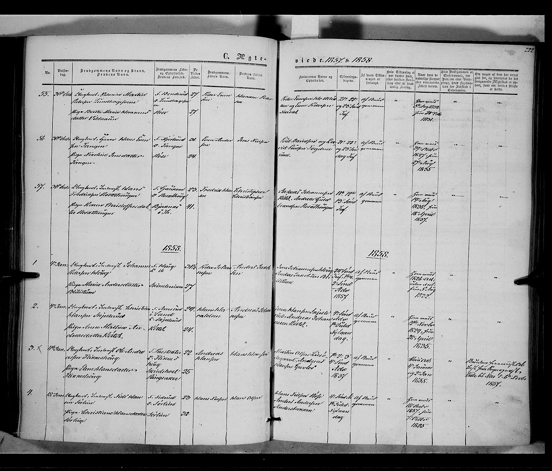 Vestre Toten prestekontor, SAH/PREST-108/H/Ha/Haa/L0006: Parish register (official) no. 6, 1856-1861, p. 222