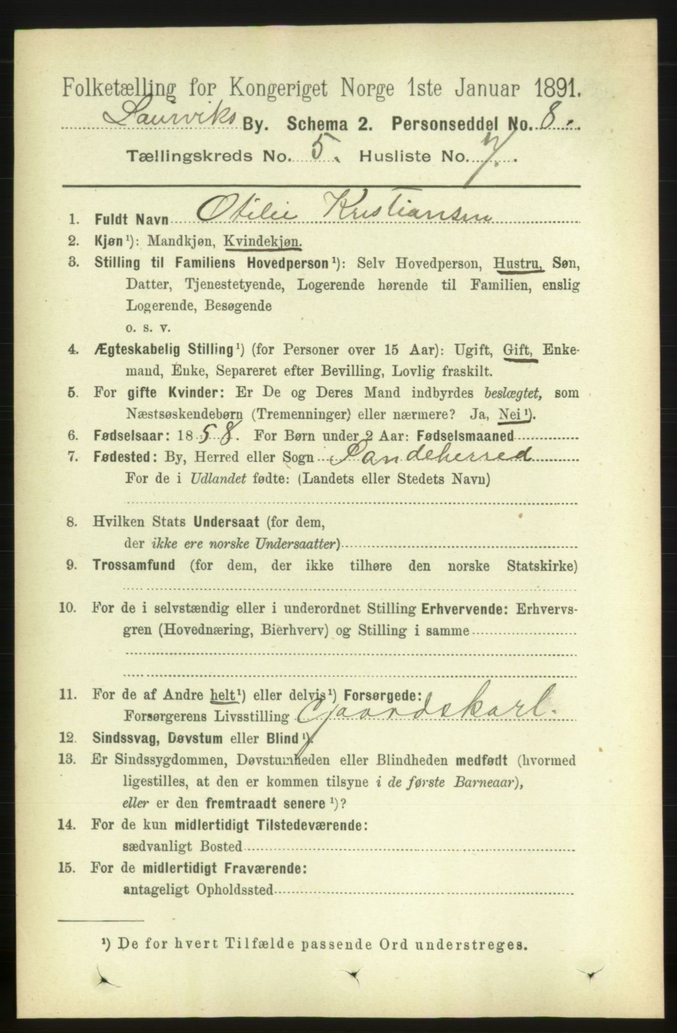 RA, 1891 census for 0707 Larvik, 1891, p. 6055