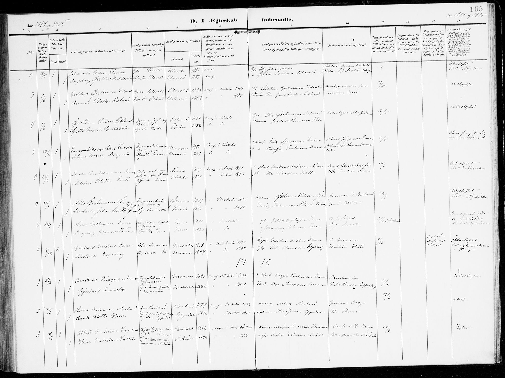 Lavik sokneprestembete, SAB/A-80901: Parish register (official) no. C 2, 1904-1921, p. 165