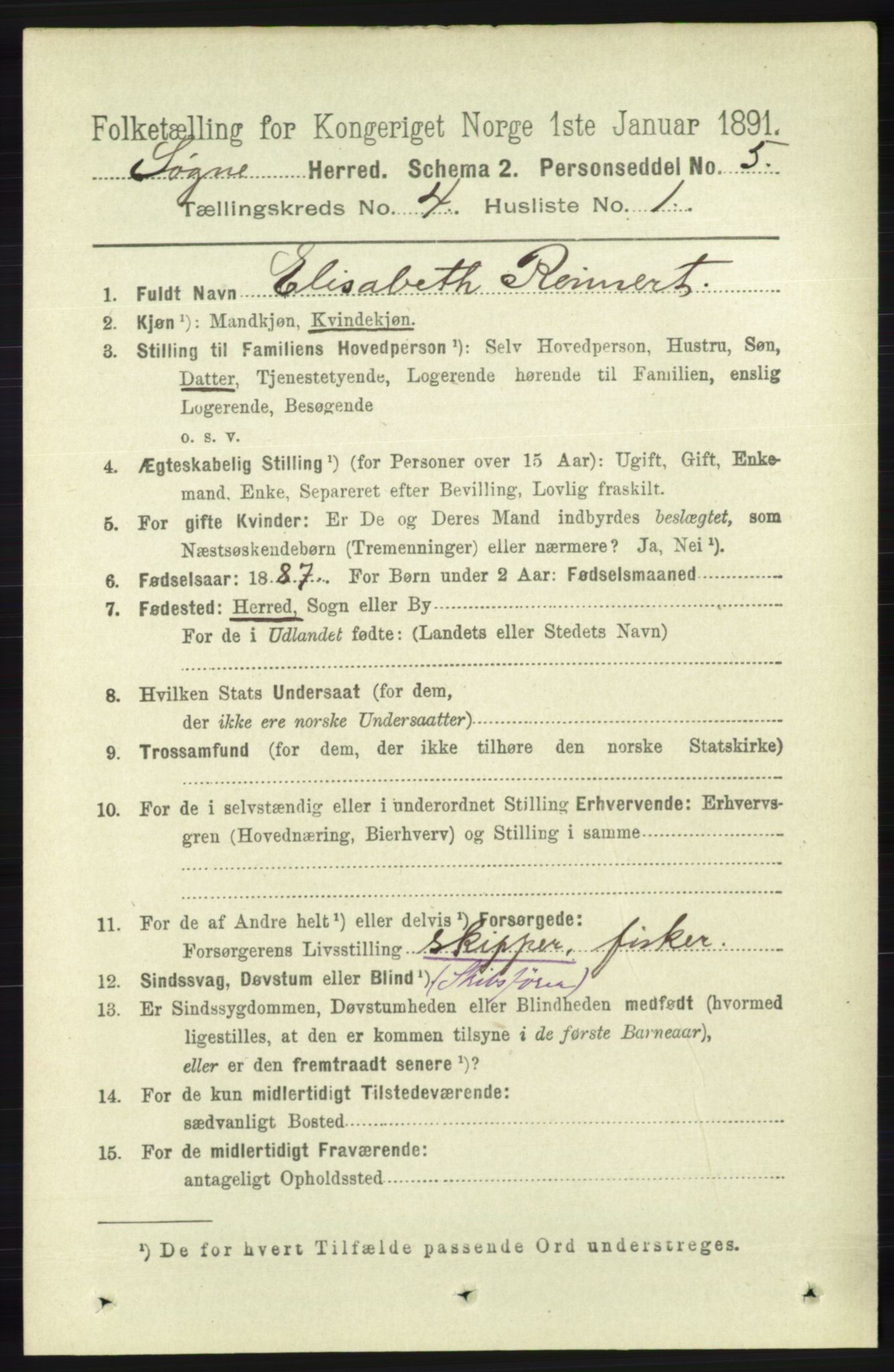 RA, 1891 census for 1018 Søgne, 1891, p. 634