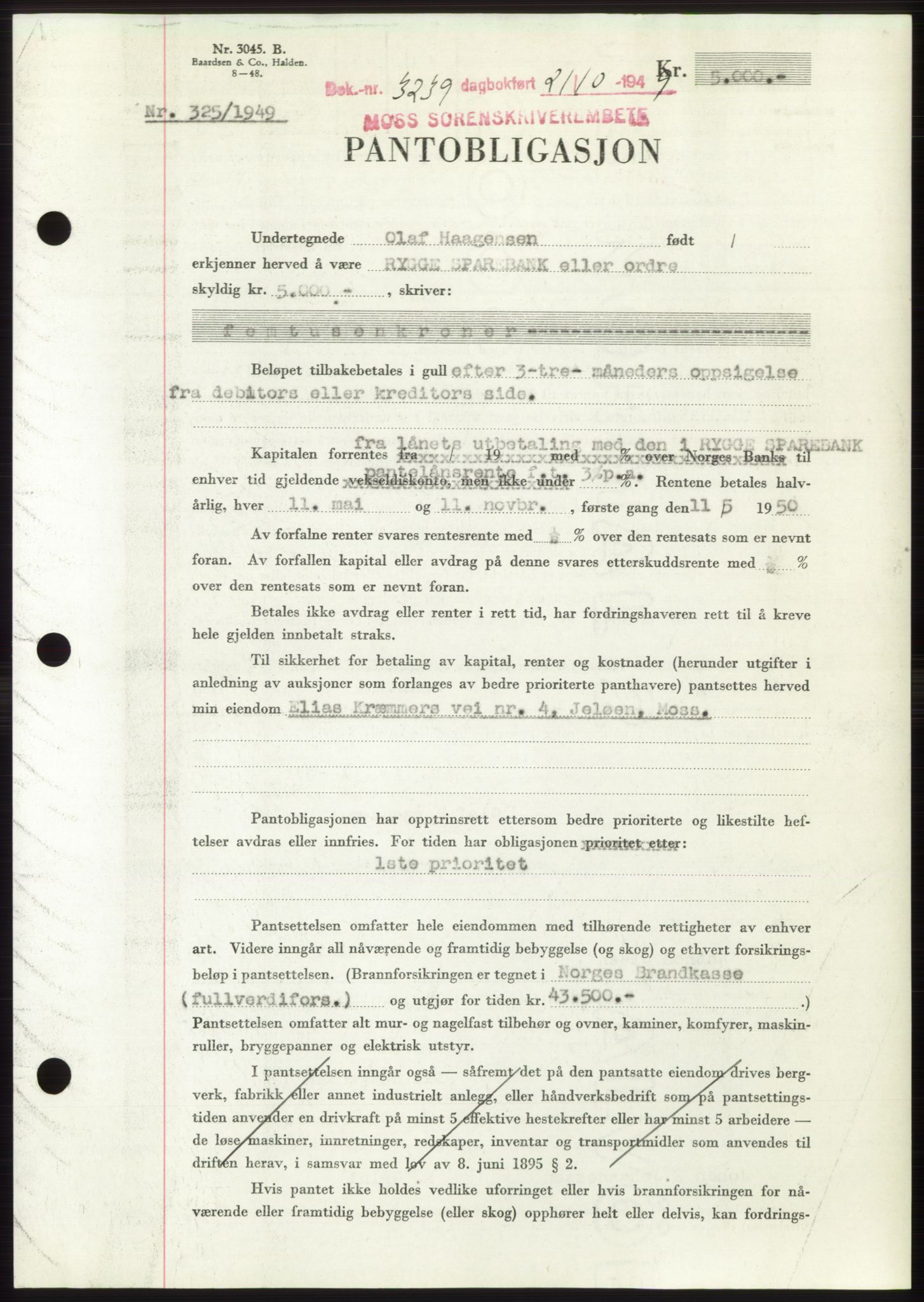 Moss sorenskriveri, SAO/A-10168: Mortgage book no. B23, 1949-1950, Diary no: : 3239/1949