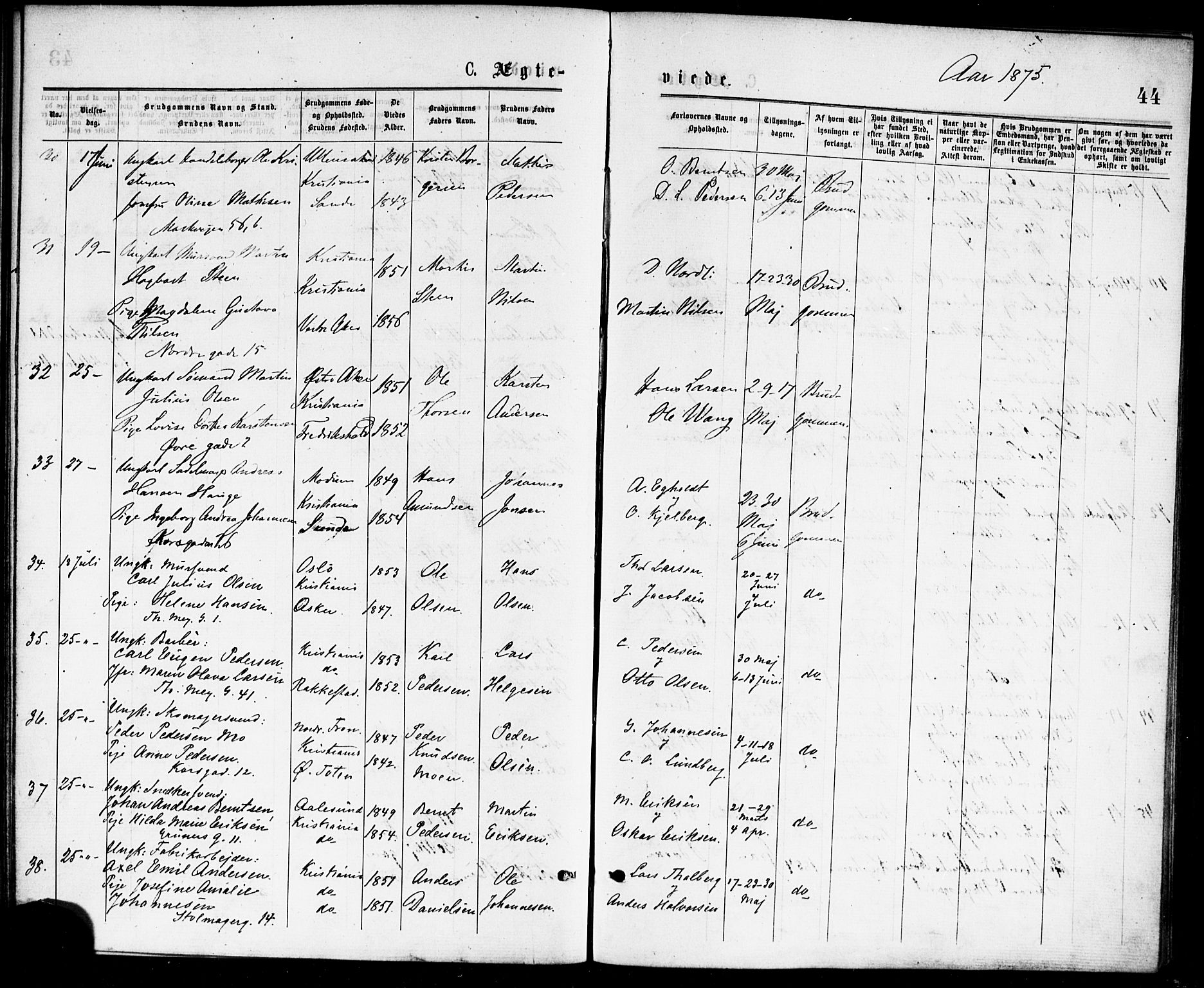 Paulus prestekontor Kirkebøker, AV/SAO-A-10871/F/Fa/L0002: Parish register (official) no. 2, 1875-1878, p. 44