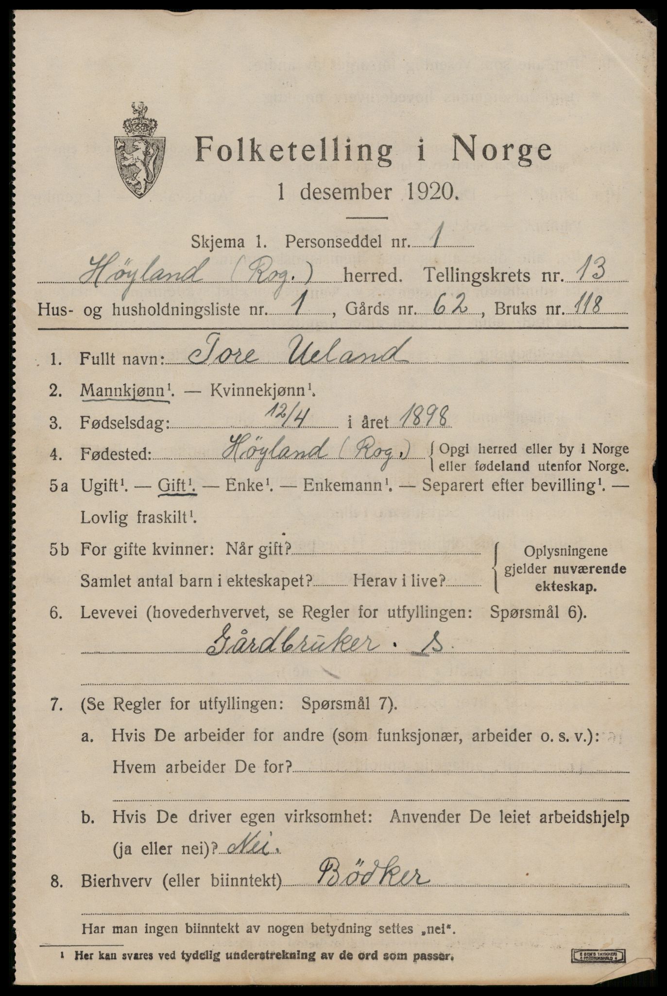 SAST, 1920 census for Høyland, 1920, p. 10834