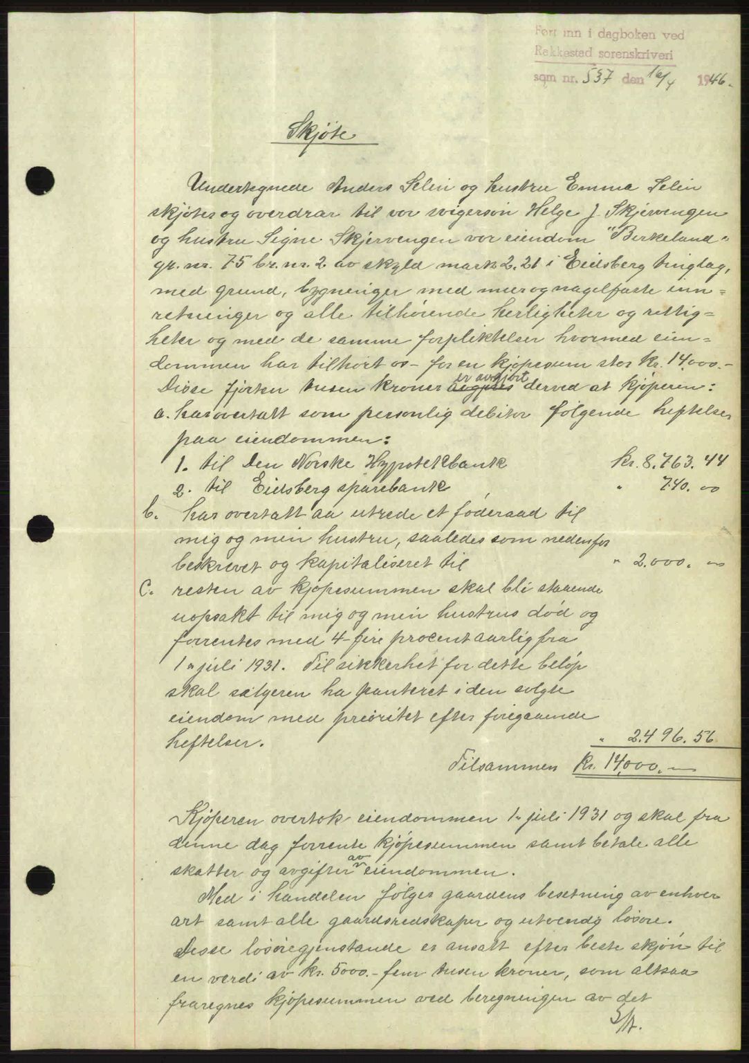 Rakkestad sorenskriveri, AV/SAO-A-10686/G/Gb/Gba/Gbab/L0012a: Mortgage book no. A12 I, 1945-1946, Diary no: : 537/1946