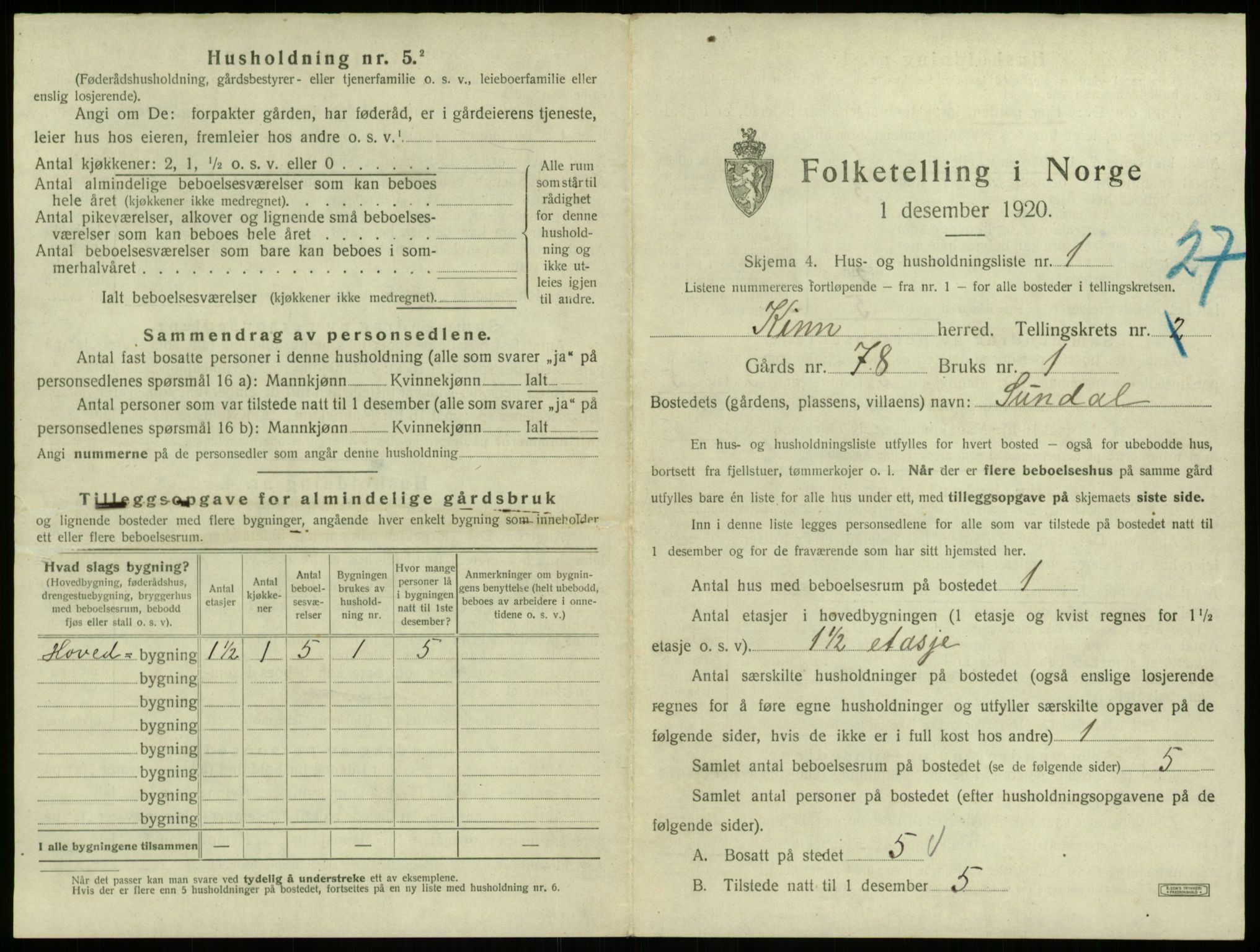 SAB, 1920 census for Kinn, 1920, p. 1290