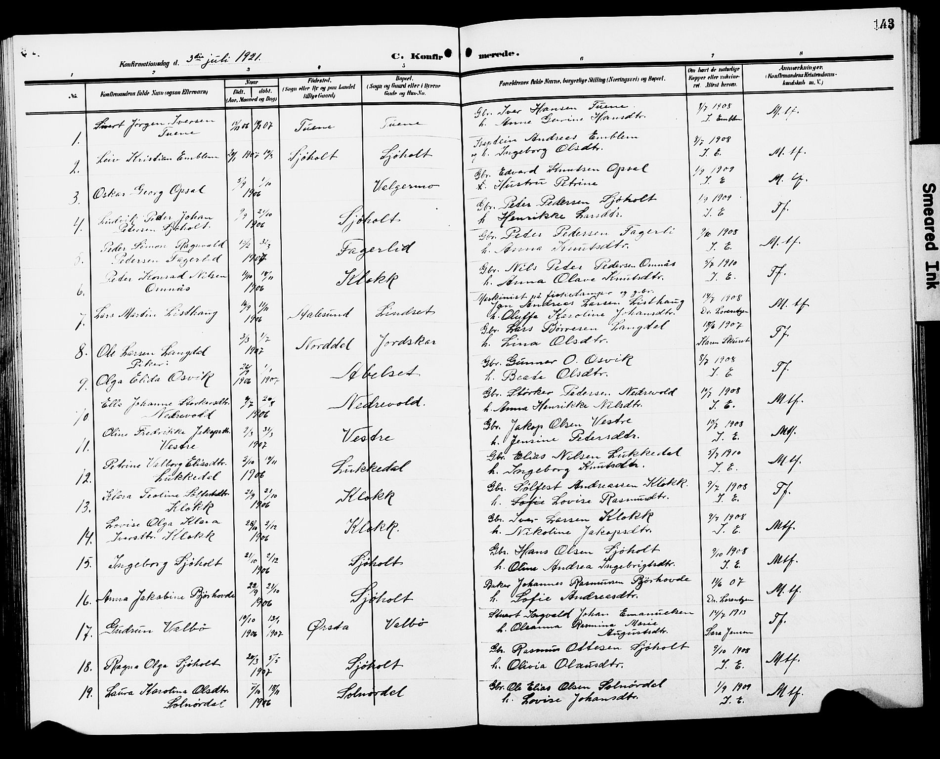 Ministerialprotokoller, klokkerbøker og fødselsregistre - Møre og Romsdal, SAT/A-1454/522/L0328: Parish register (copy) no. 522C07, 1909-1925, p. 143